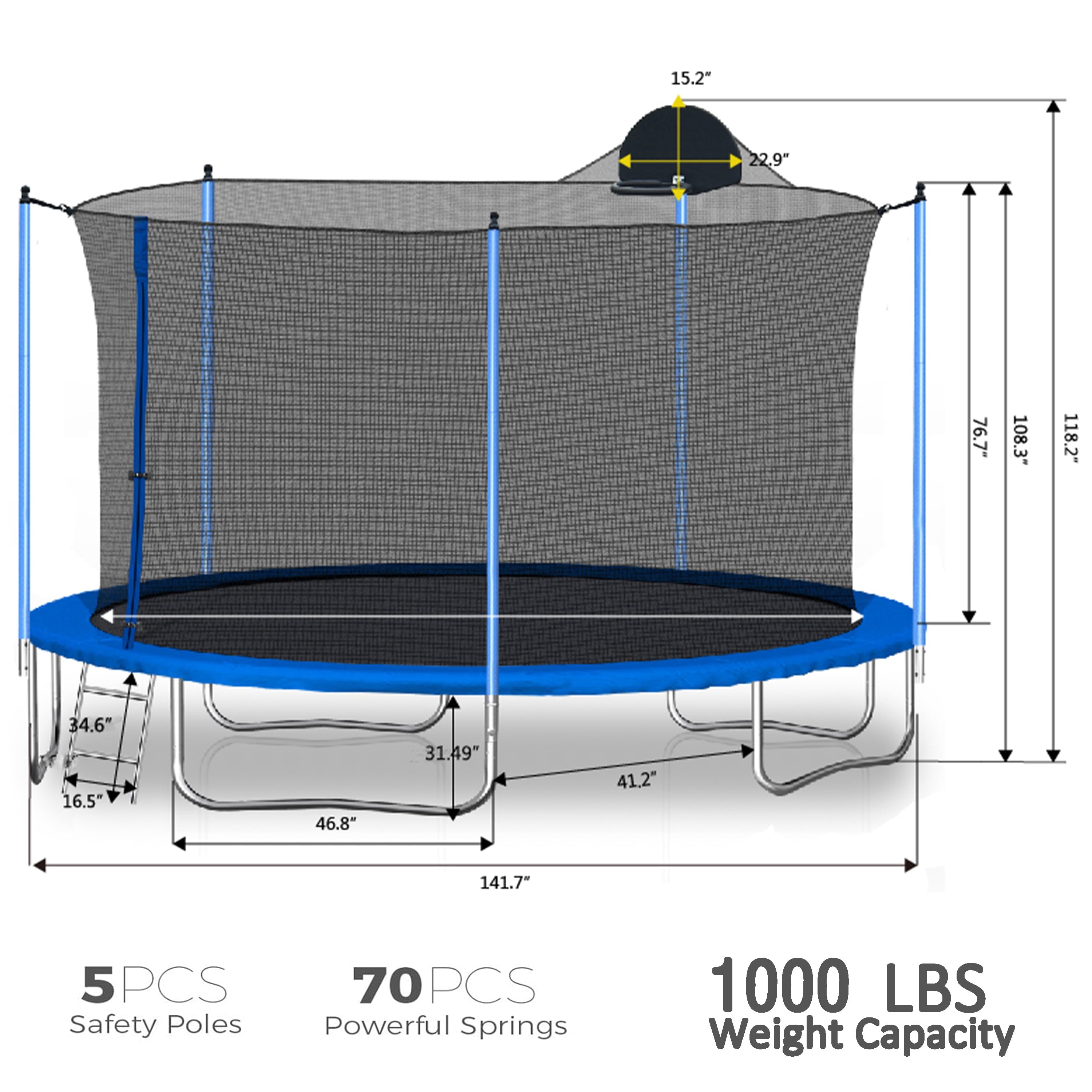 Biotree 12 FT Trampoline for Kids and Adults, Outdoor Trampoline with Basketball Hoop Safety Enclosure Net,Large Load Capacity Heavy-Duty Jumping Trampoline for Boys and Girls