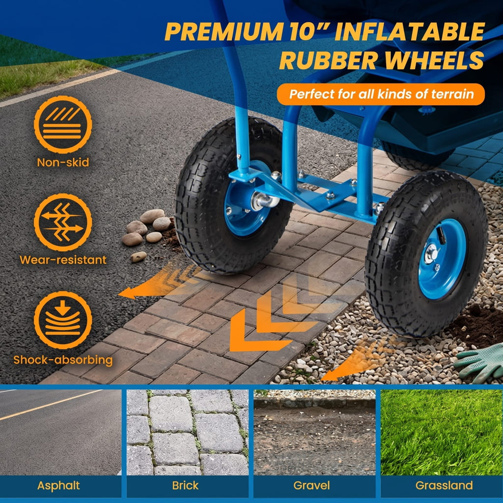 Biotree 330Lbs Rolling Garden Cart with 360¡ã Height Adjustable Swivel Seat, Garden Scooter with Storage Basket, Tool Tray for Weeding Planting Gardening Blue