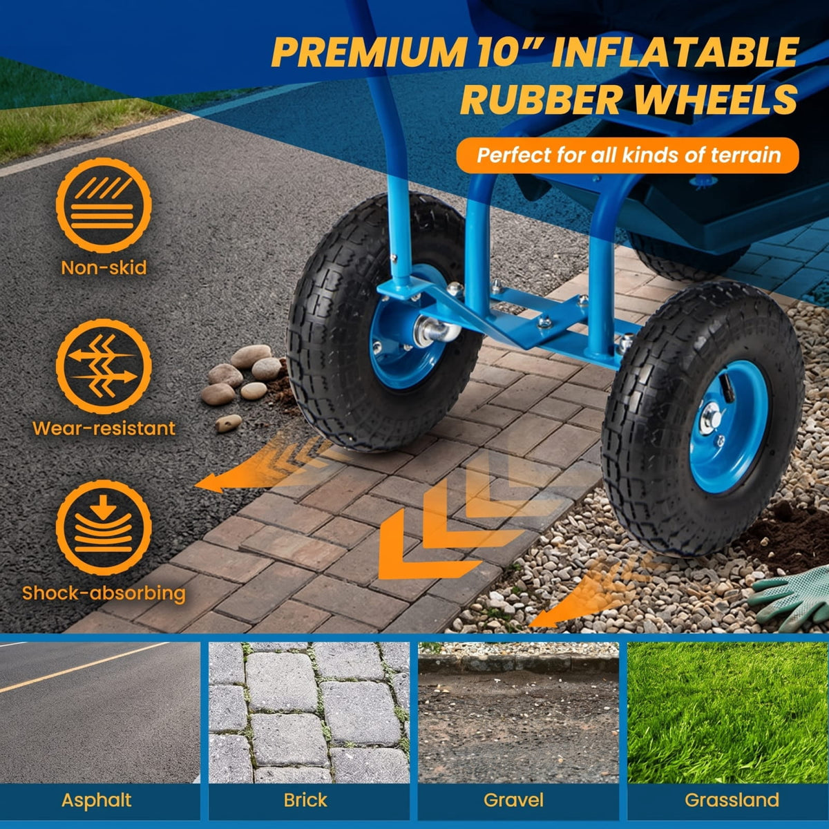 Biotree 330Lbs Rolling Garden Cart with 360¡ã Height Adjustable Swivel Seat, Garden Scooter with Storage Basket, Tool Tray for Weeding Planting Gardening Blue