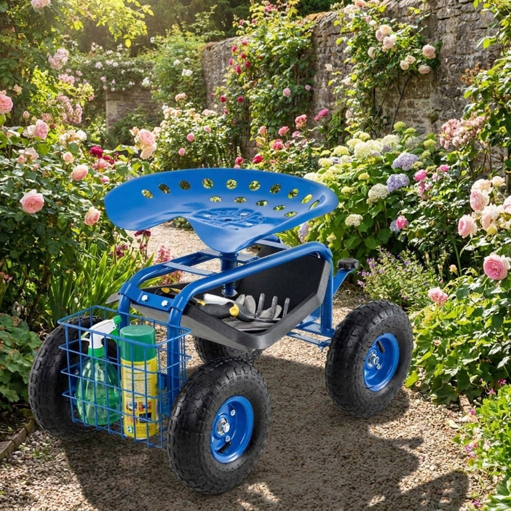 Biotree 4-Wheel Rolling Garden Cart Work Seat for Garden Yard Lawn Work Outdoor, Blue