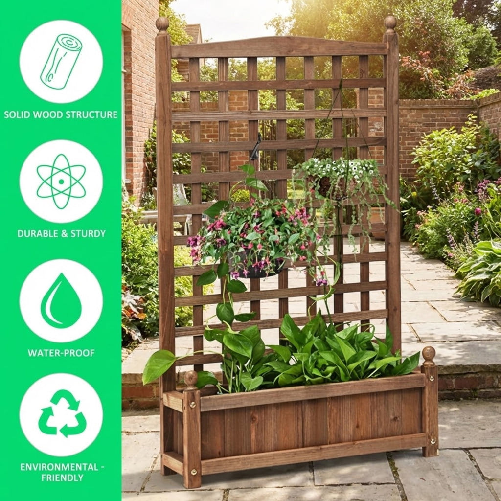 Biotree Solid Free Standing Wood Planter Box with Trellis for Garden Dark brown - Outdoor Backyard Patio Garden Planting