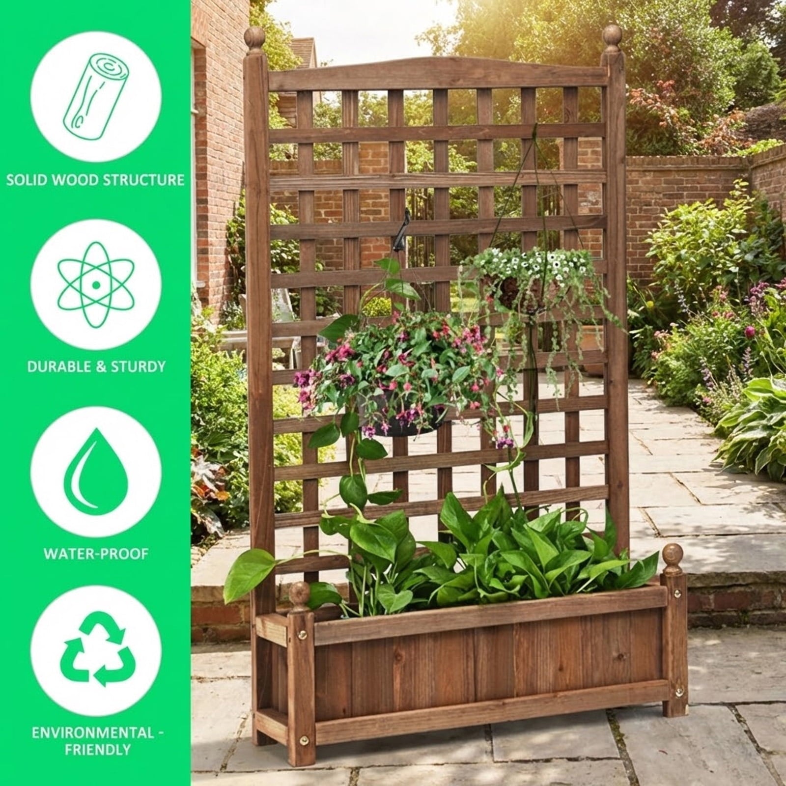 Biotree Solid Free Standing Wood Planter Box with Trellis for Garden Dark brown - Outdoor Backyard Patio Garden Planting