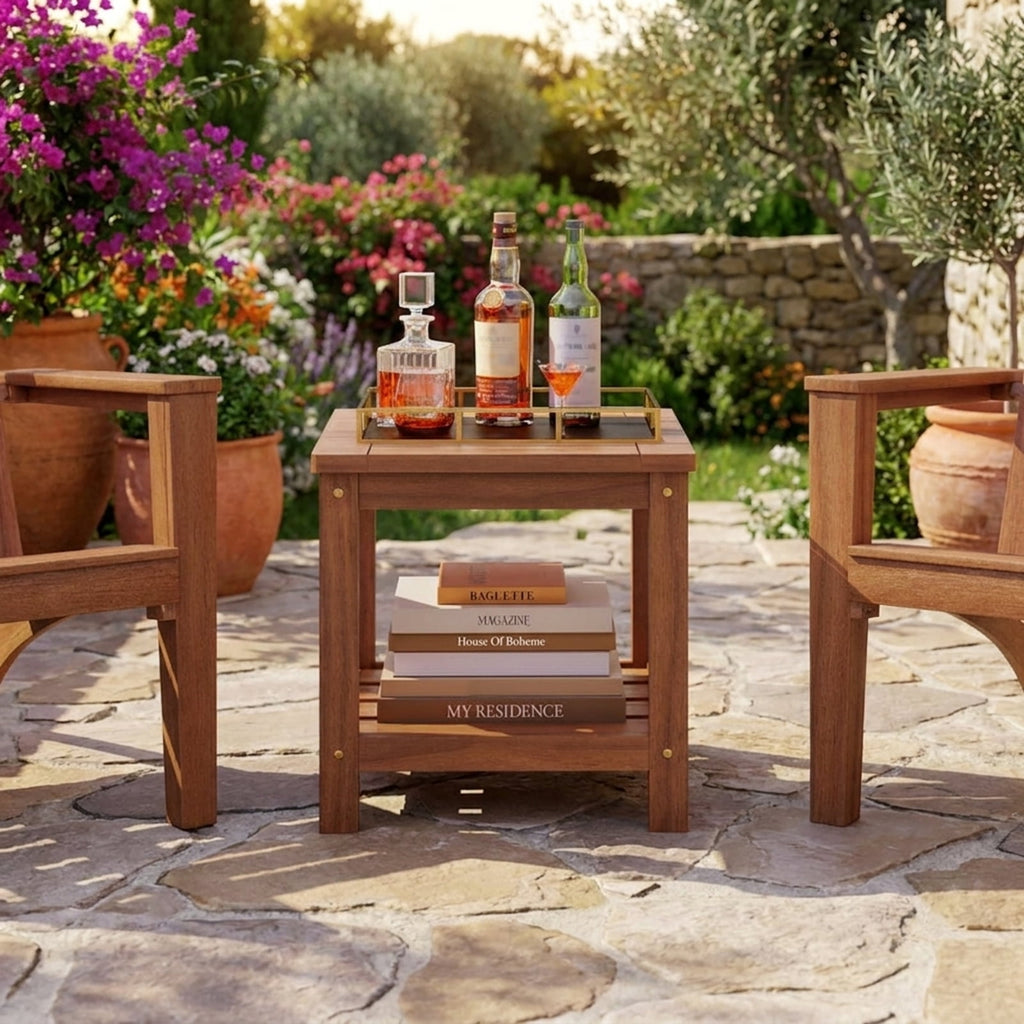 Biotree 2-Tier Outdoor Side Table with Storage Shelf for Patio, Natural