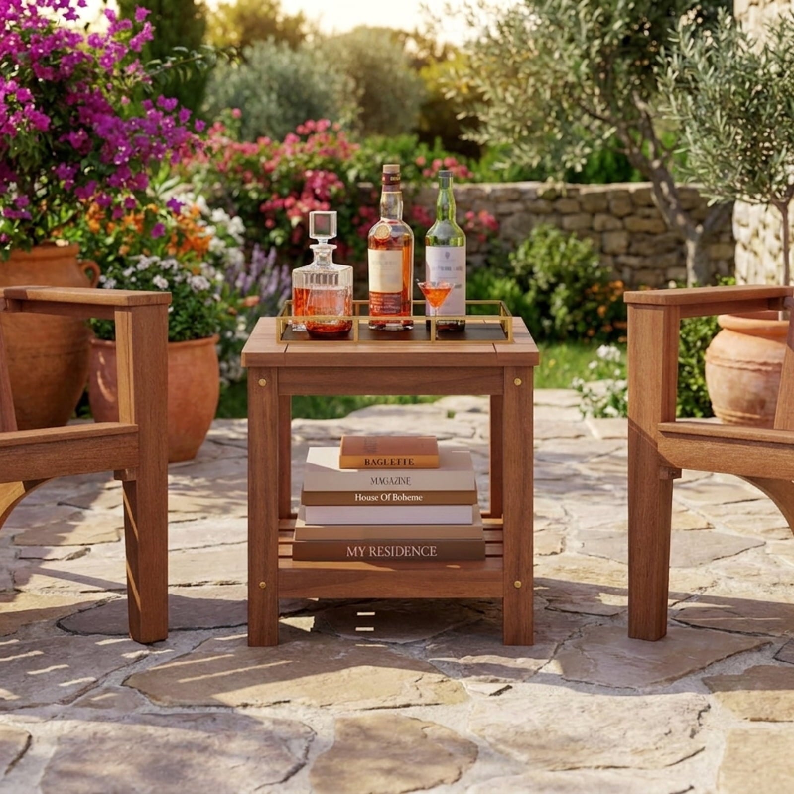 Biotree 2-Tier Outdoor Side Table with Storage Shelf for Patio, Natural