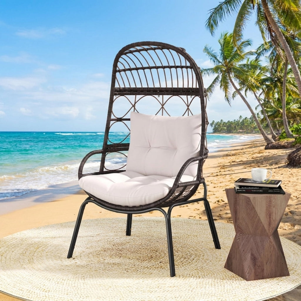 Biotree Patio Wicker Egg Chair Outdoor Rattan Lounge Basket with Seat and Back Cushions Stackable Patio Chair for Garden BackyardBrown