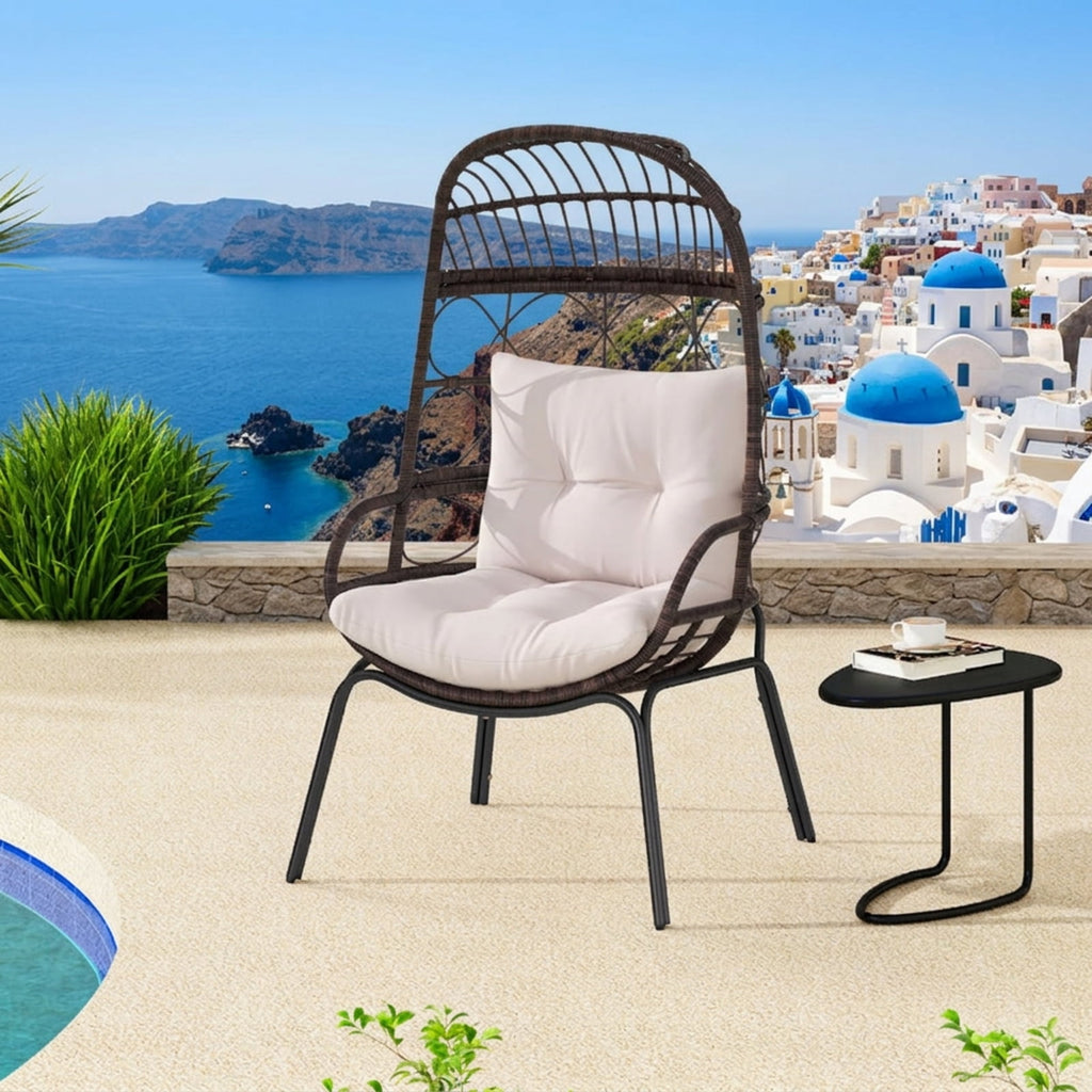 Biotree Patio Wicker Egg Chair Outdoor Rattan Lounge Basket with Seat and Back Cushions Stackable Patio Chair for Garden BackyardBrown