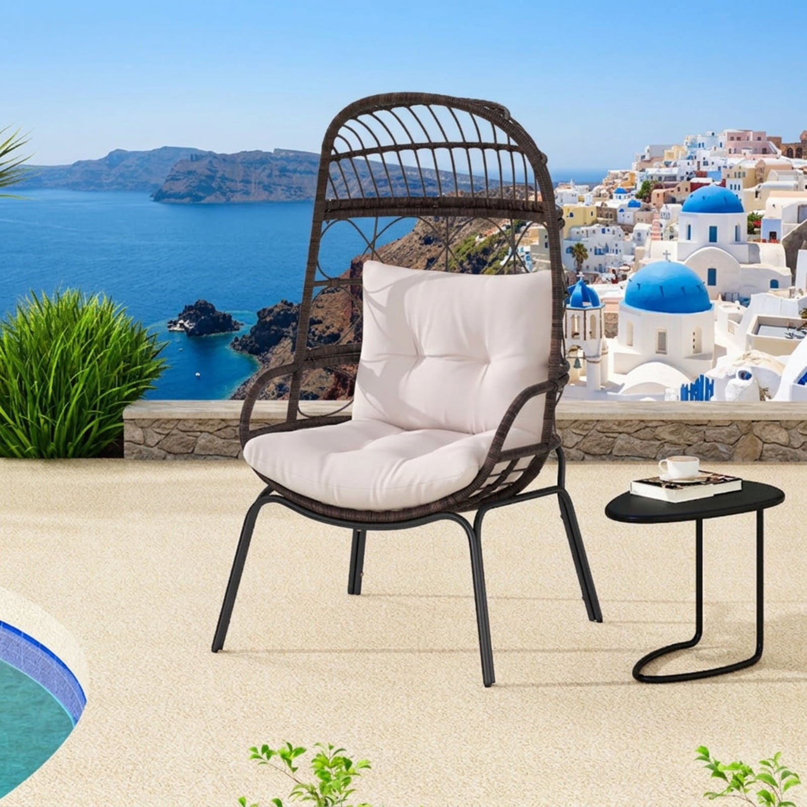 Biotree Patio Wicker Egg Chair Outdoor Rattan Lounge Basket with Seat and Back Cushions Stackable Patio Chair for Garden BackyardBrown
