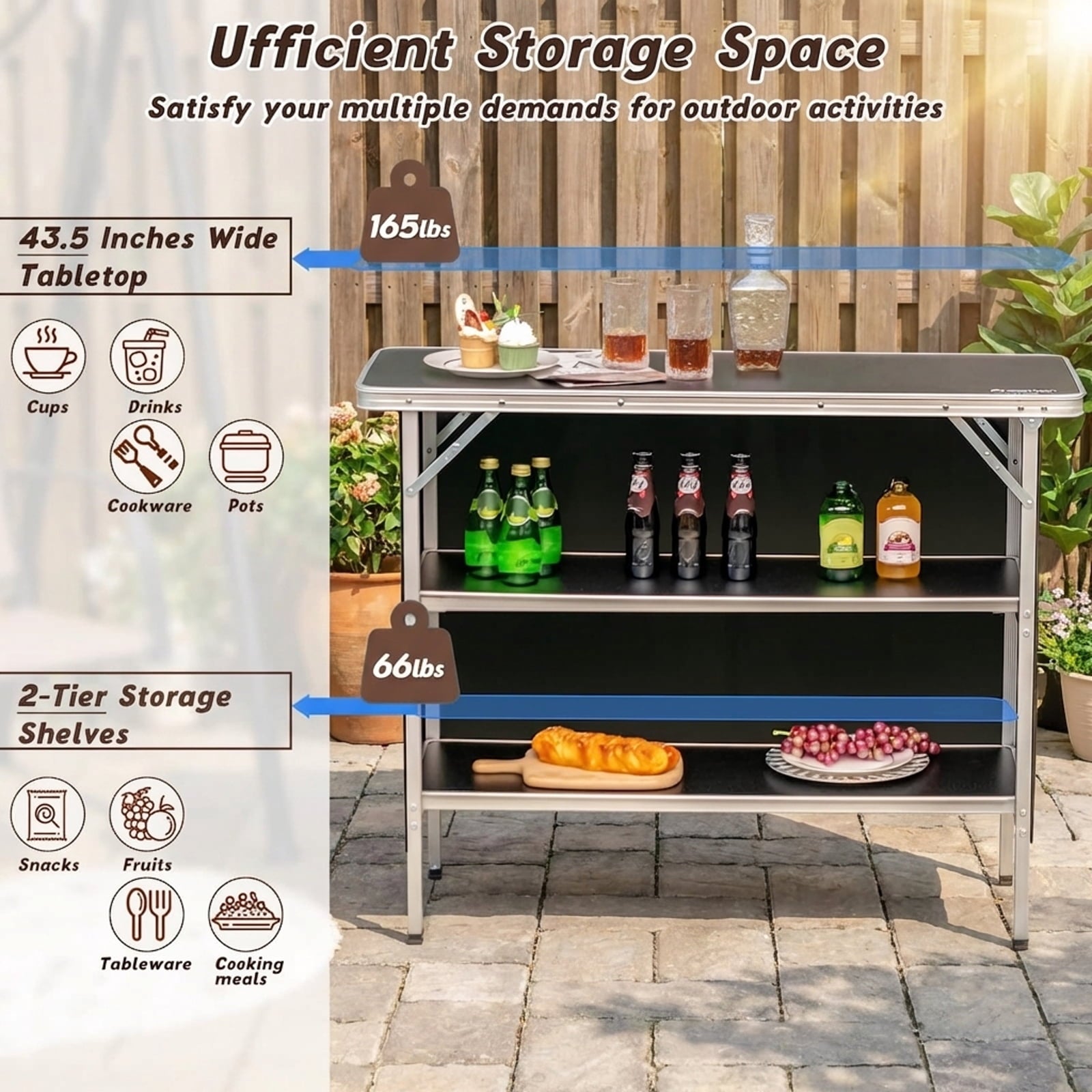 Biotree Folding Camping Table with 2-Tier Storage Shelves for Outdoor BBQ and Cooking, Black
