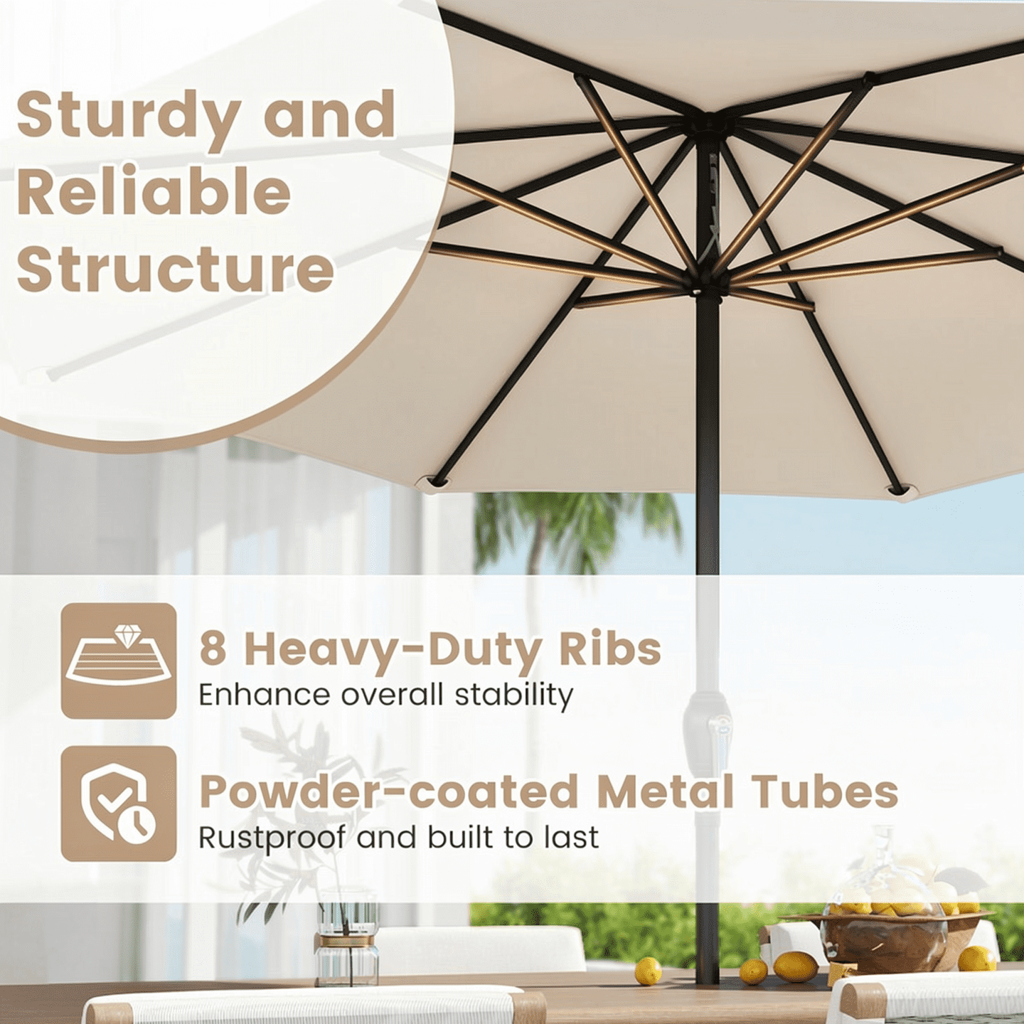 Biotree Outdoor Heavy Duty Market Umbrella with Crank Handle and 8 Sturdy Ribs-Beige - Outdoor Patio Garden Sun Shade