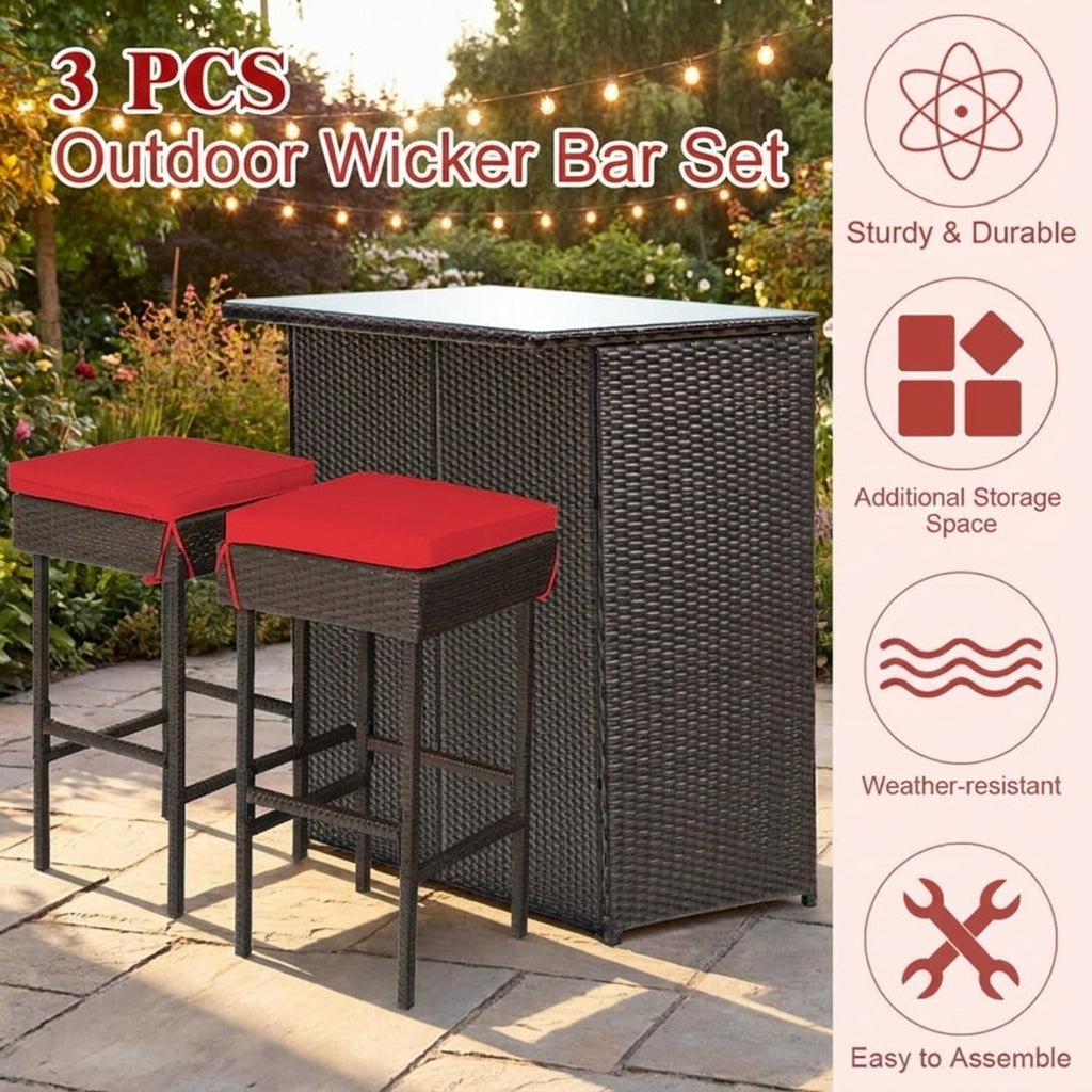Biotree 3-Piece Patio Rattan Bar Set with Glass Table and Cushioned Stools, Red - Outdoor Patio Bar Height Furniture Set for Deck Garden