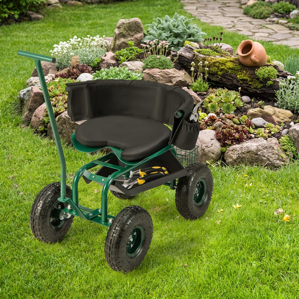 Biotree 330lbs Rolling Garden Cart with 360¡ã Height Adjustable Swivel Seat, Garden Scooter with Storage Basket, Tool Tray for Weeding Planting Gardening Green