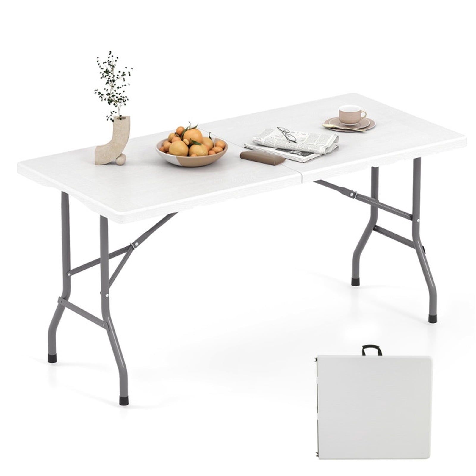Biotree 5FT Folding Picnic Table with Wood Grain HDPE Tabletop and Non-slip Foot Pads-WH, White
