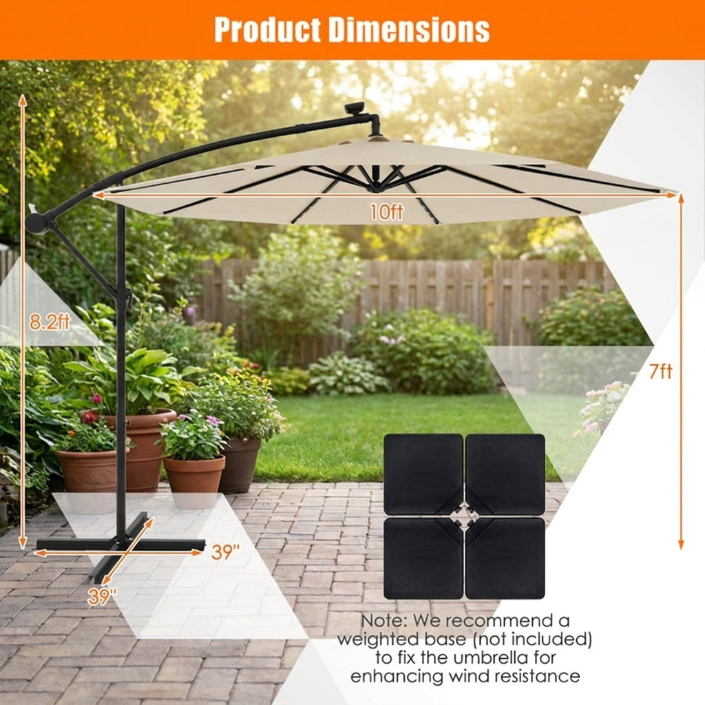 Biotree 10 ft Solar Offset Hanging Umbrella with 40 LED Lights Cross Base and 180G Polyester Canopy for Deck Garden Backyard - Tan