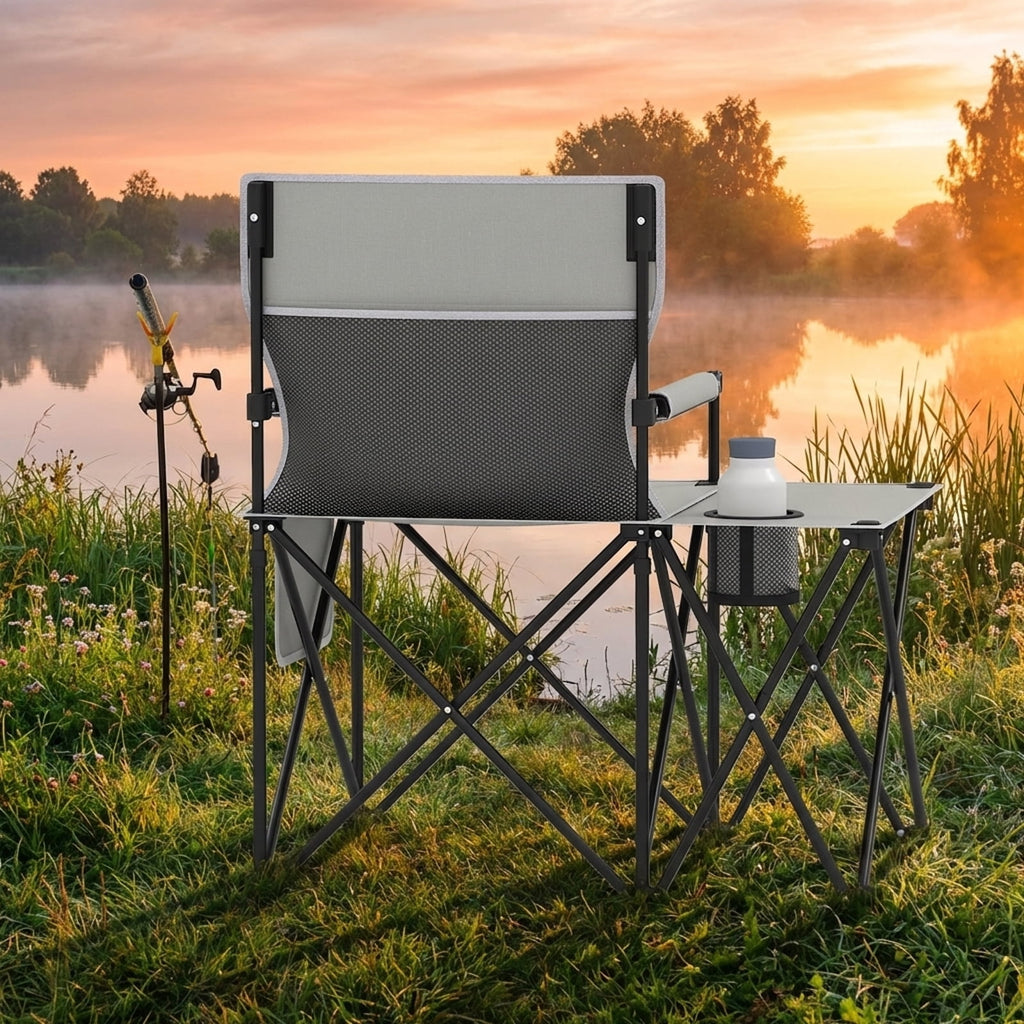 Biotree Heavy Duty Oversized Folding Camping Chair with Side Table and Storage Pockets Portable Outdoor Chair for Adults, Gray