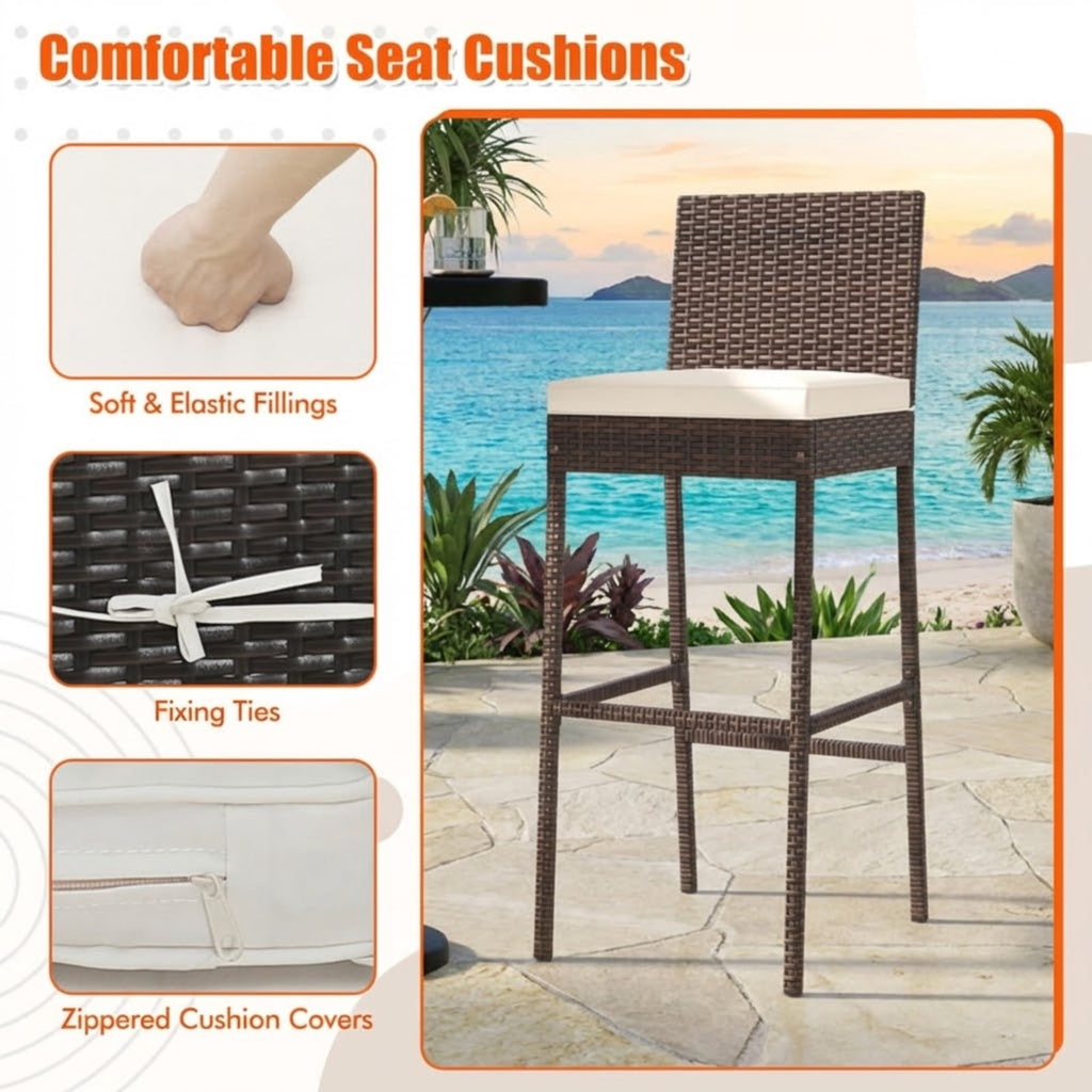 Biotree Set of 4 Patio Wicker Barstools with Seat Cushion and Footrest, PE Rattan Outdoor Bar Height Chairs with Metal Frame for Backyard Deck Garden Poolside, Mix Brown
