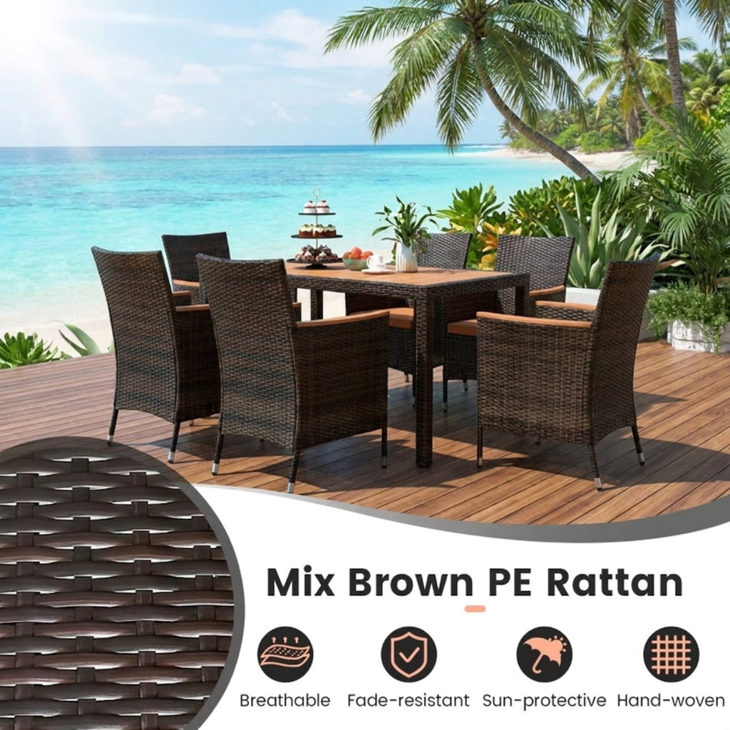 Biotree 7 Pieces Garden Dining Patio Rattan Set with Cushions for Backyard Outdoor Conversation Set for Garden Backyard PorchBrown