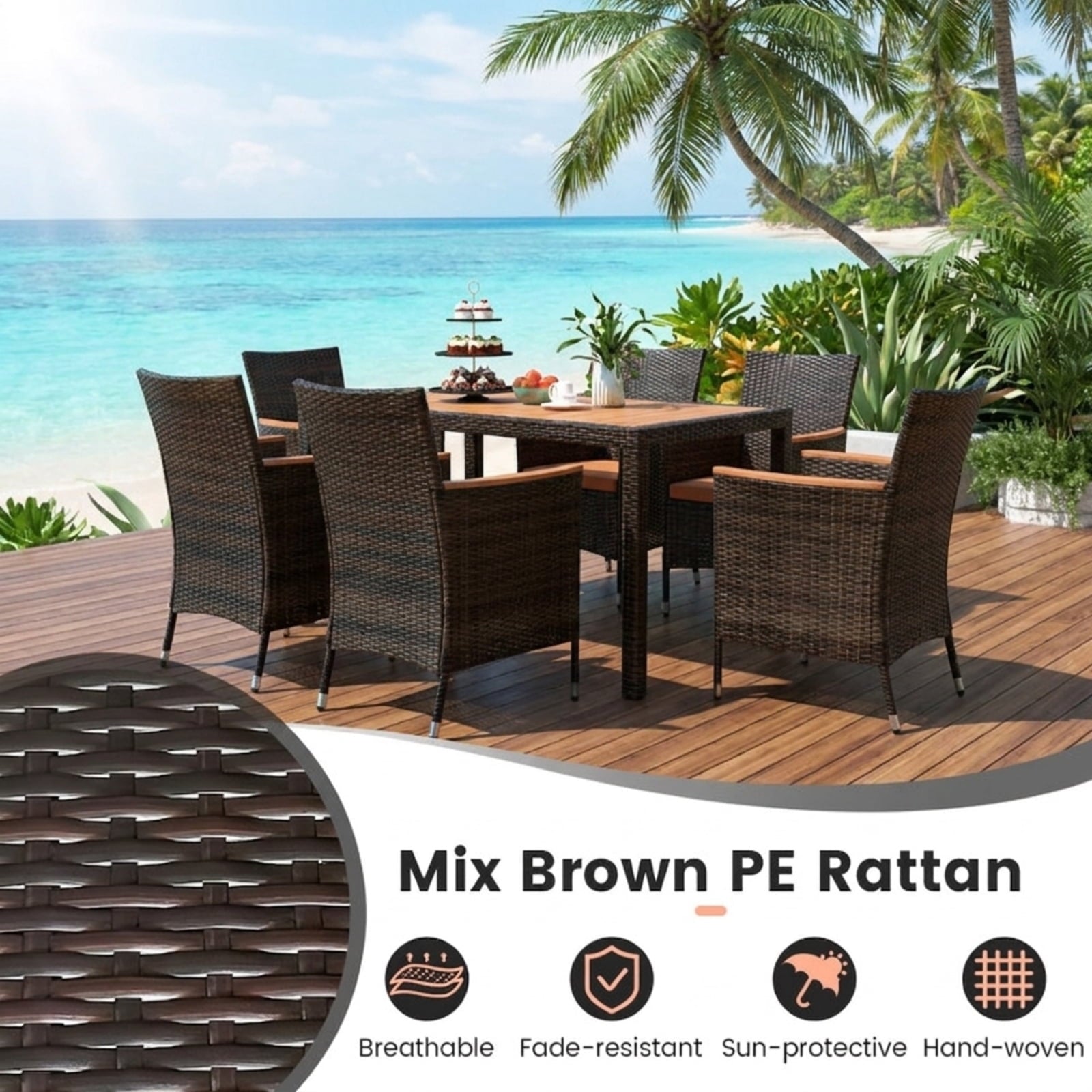 Biotree 7 Pieces Garden Dining Patio Rattan Set with Cushions for Backyard Outdoor Conversation Set for Garden Backyard PorchBrown
