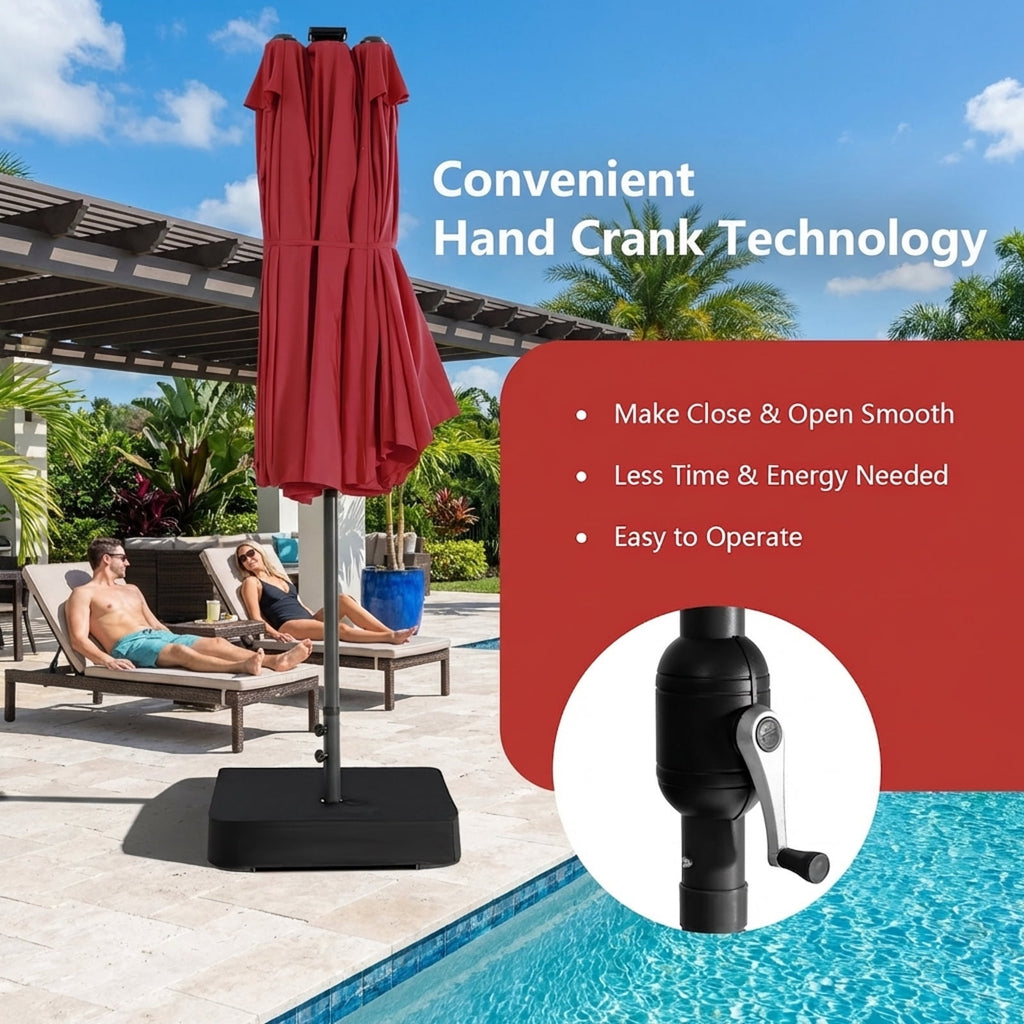 Biotree 15 Feet Double-Sided Patio Umbrella with 48 LED Lights-Dark Red Outdoor Backyard Deck Garden