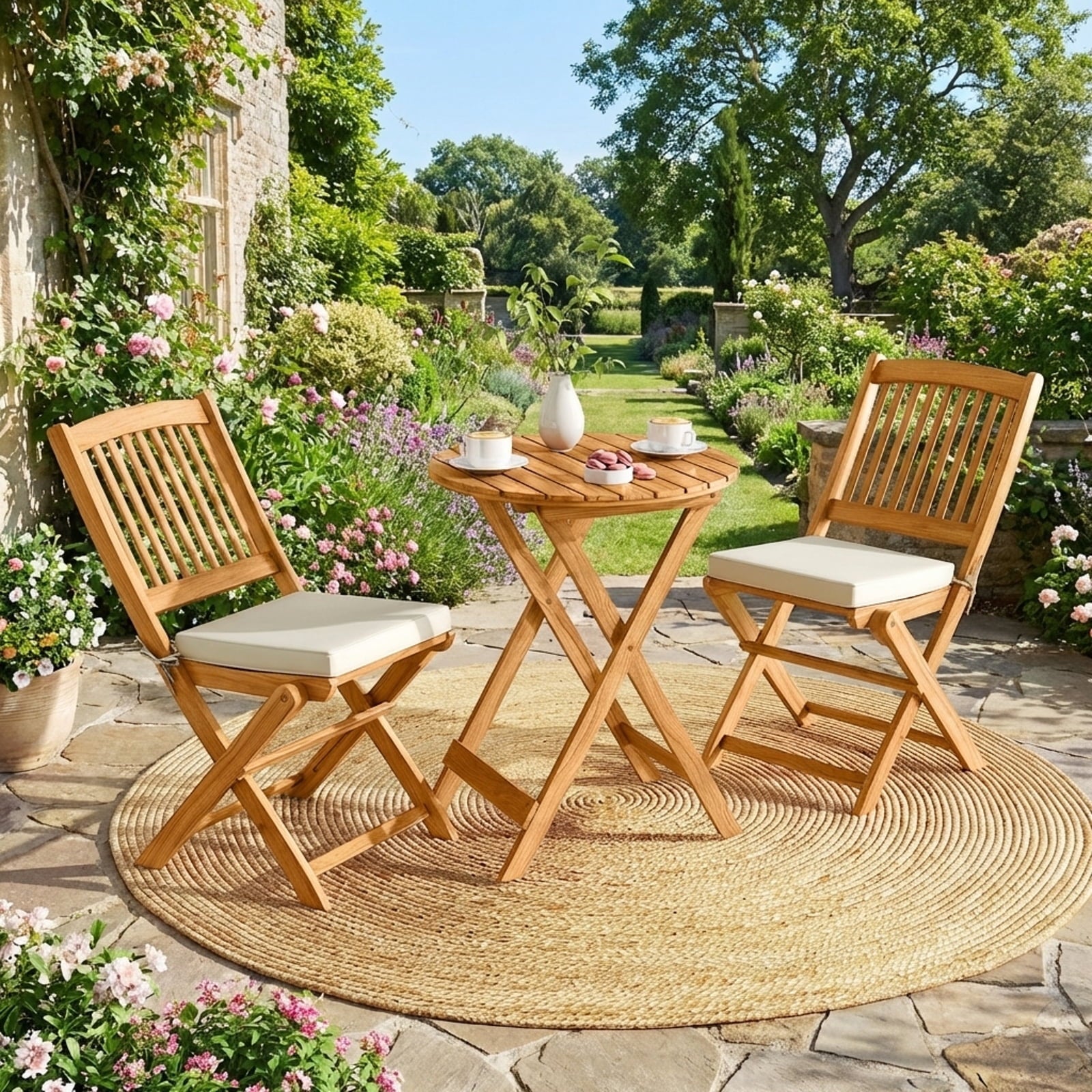 Biotree 3-Piece Acacia Wood Folding Bistro Set with Cushions-Beige