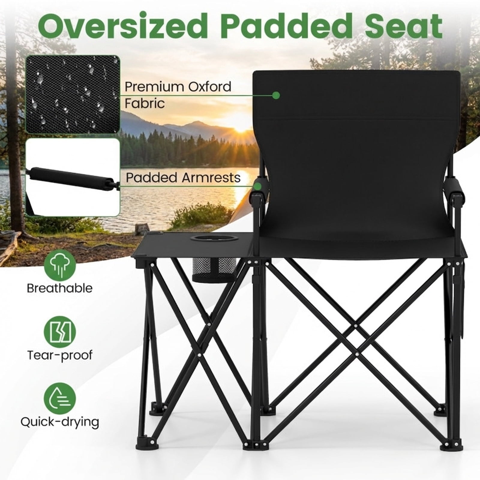 Biotree Heavy Duty Oversized Folding Camping Chair with Side Table and Storage Pockets Portable Outdoor Chair for Adults, Black