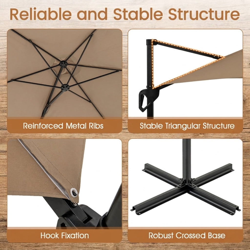 Biotree 9 ft Cantilever Patio Umbrella Offset Hanging with Cross Base, 8 Ribs - Brown for Backyard Garden Poolside