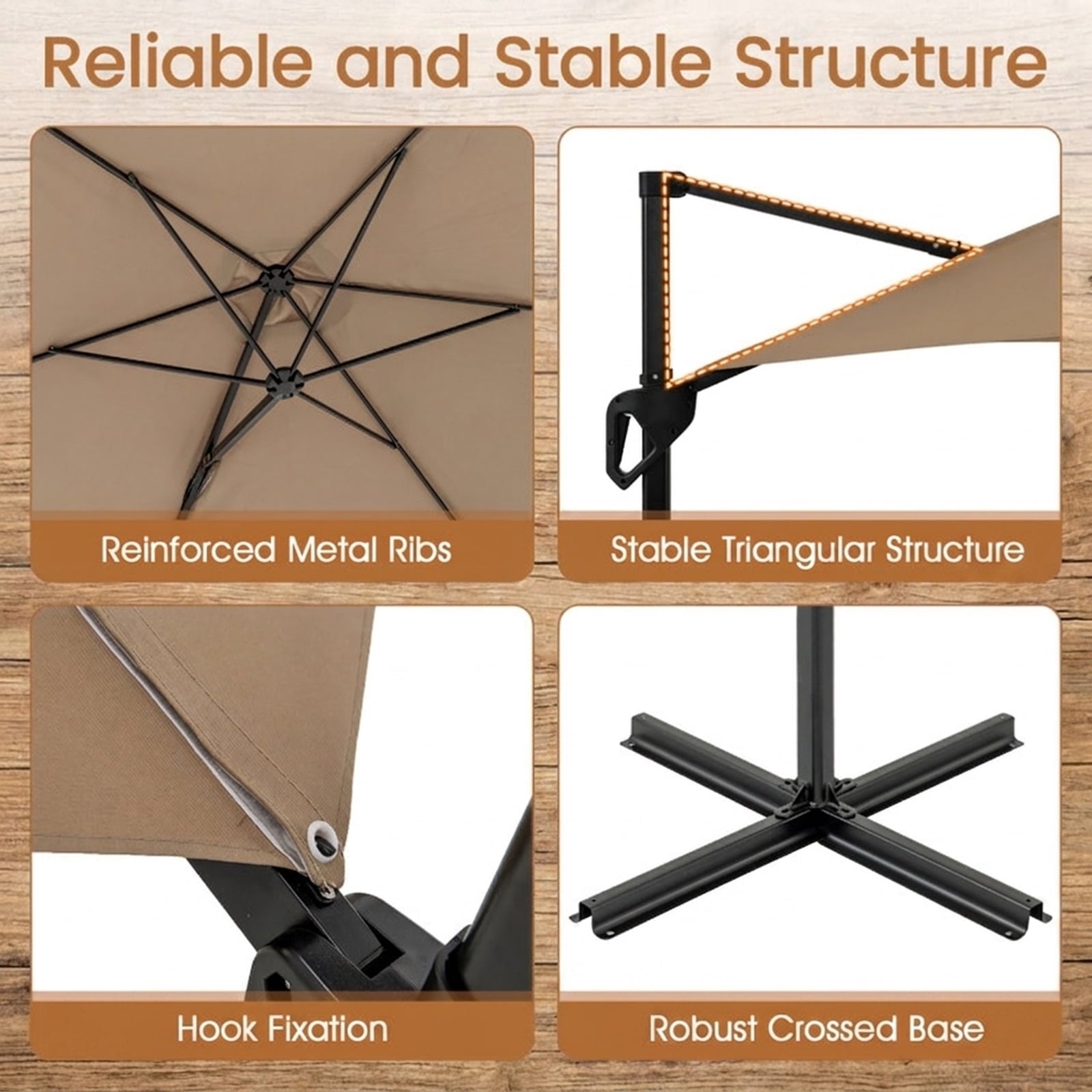 Biotree 9 ft Cantilever Patio Umbrella Offset Hanging with Cross Base, 8 Ribs - Brown for Backyard Garden Poolside