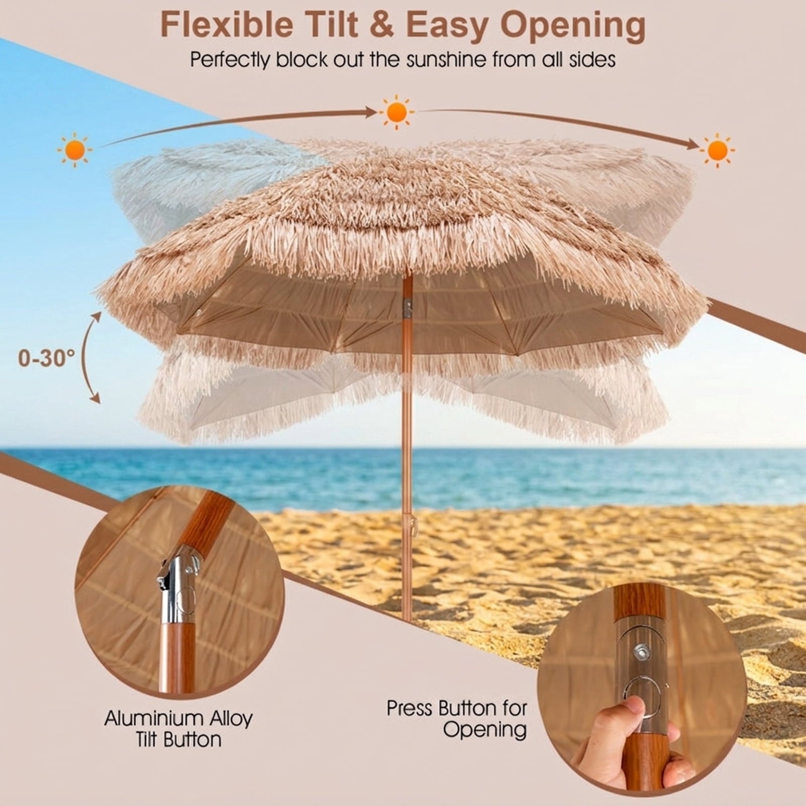 Biotree 7 ft Thatched Tiki Patio Umbrella Crank Tilt Outdoor Shade - Natural - UV Protection with Cross Base