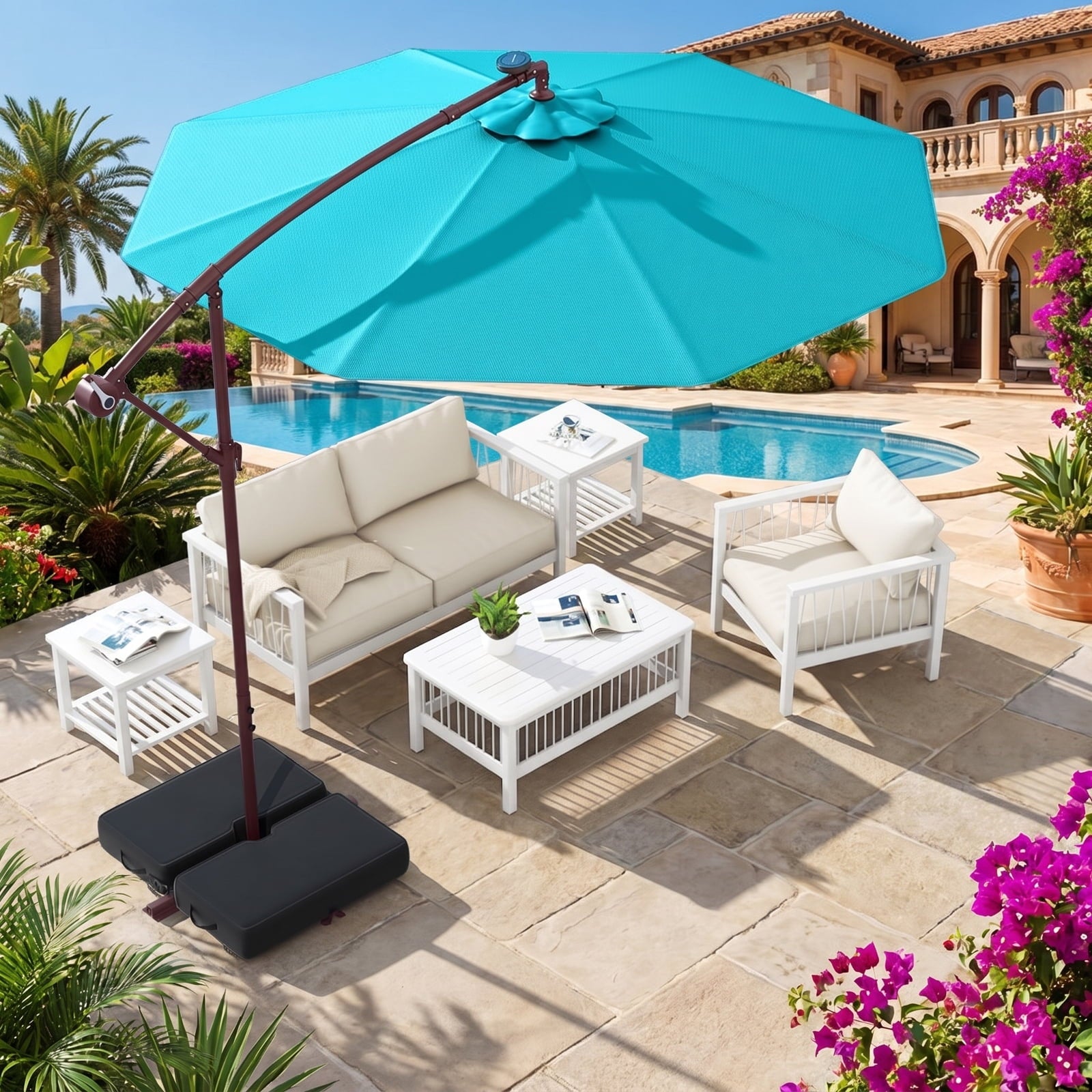 Biotree 10 ft Cantilever Patio Umbrella Offset Hanging with Cross Base, 8 Ribs - Multicolor for Backyard
