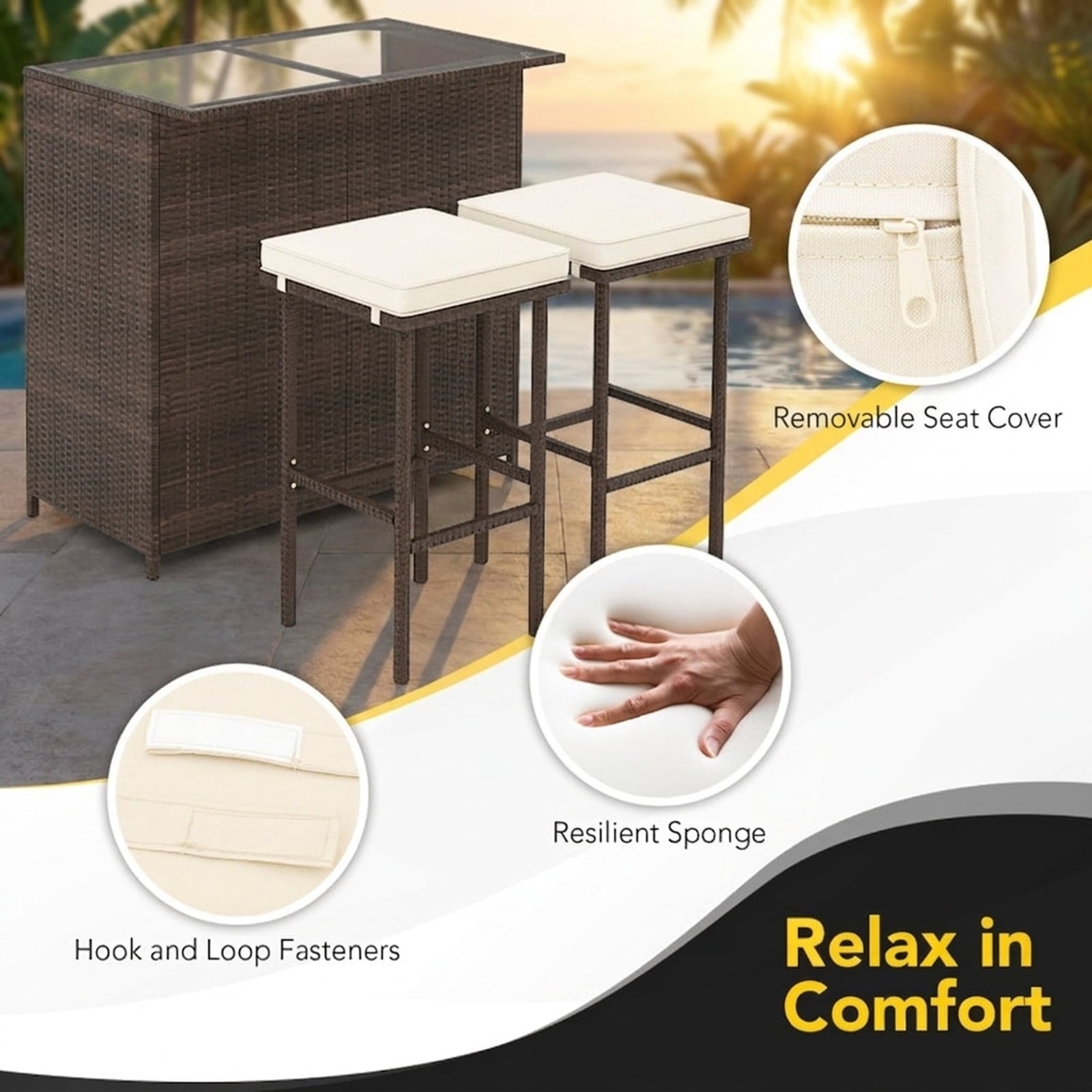 Biotree 3-Piece Patio Rattan Bar Set with Glass Table and Cushioned Stools, White - Outdoor Patio Bar Height Furniture Set for Deck Garden