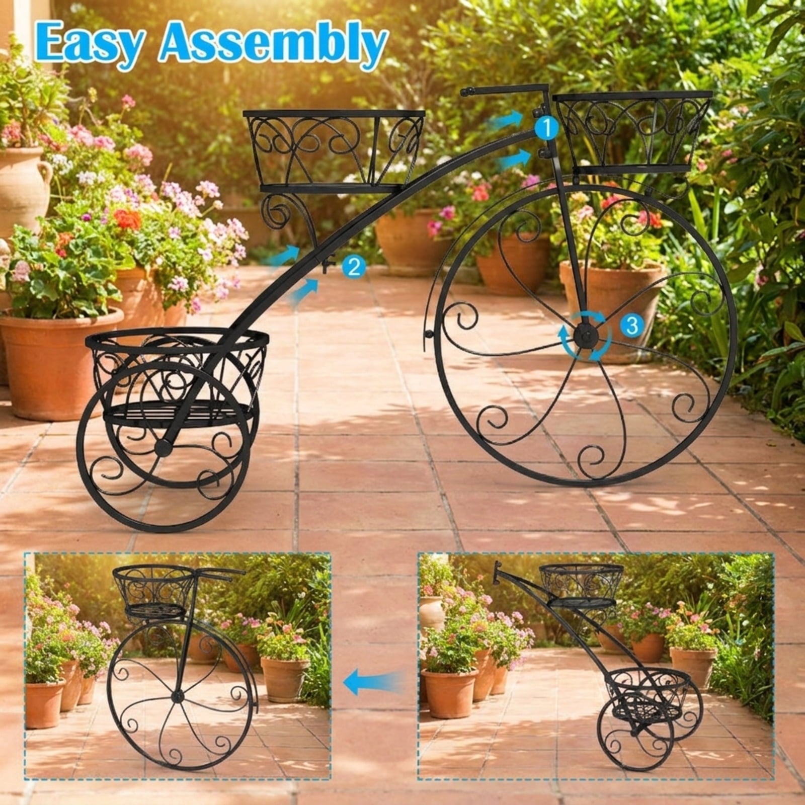 Biotree Tricycle Plant Stand Flower Pot Cart Holder with 3 Hollowed Baskets for Indoor Outdoor Patio Balcony Garden, Bronze