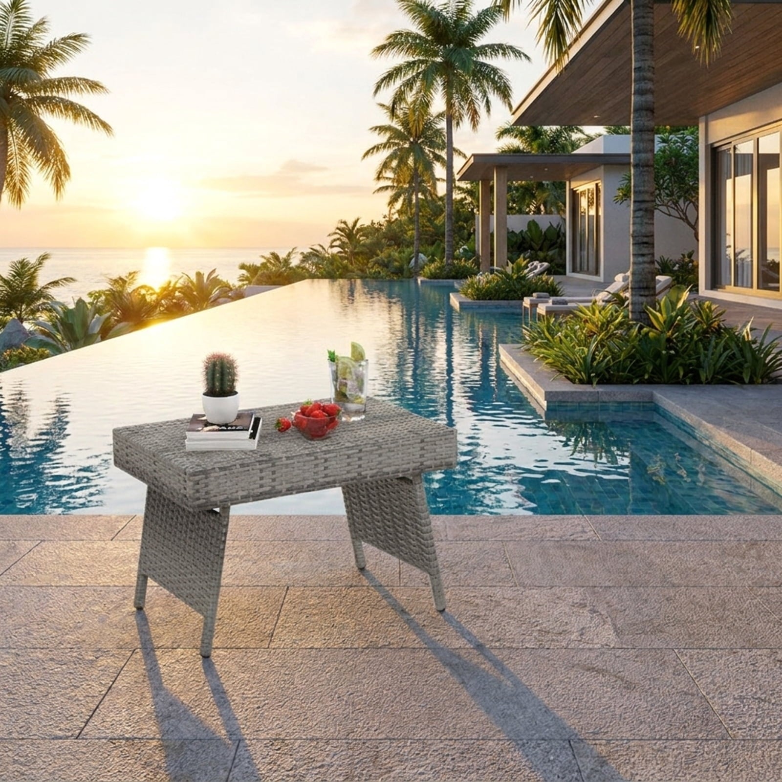 Biotree Folding PE Rattan Side Coffee Table Patio Garden Furniture, Gray