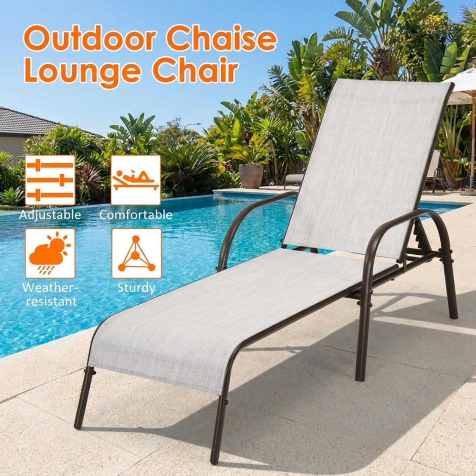 Biotree Adjustable Patio Chaise Folding Lounge Chair with Backrest Stackable Patio Chair for Garden BackyardGray