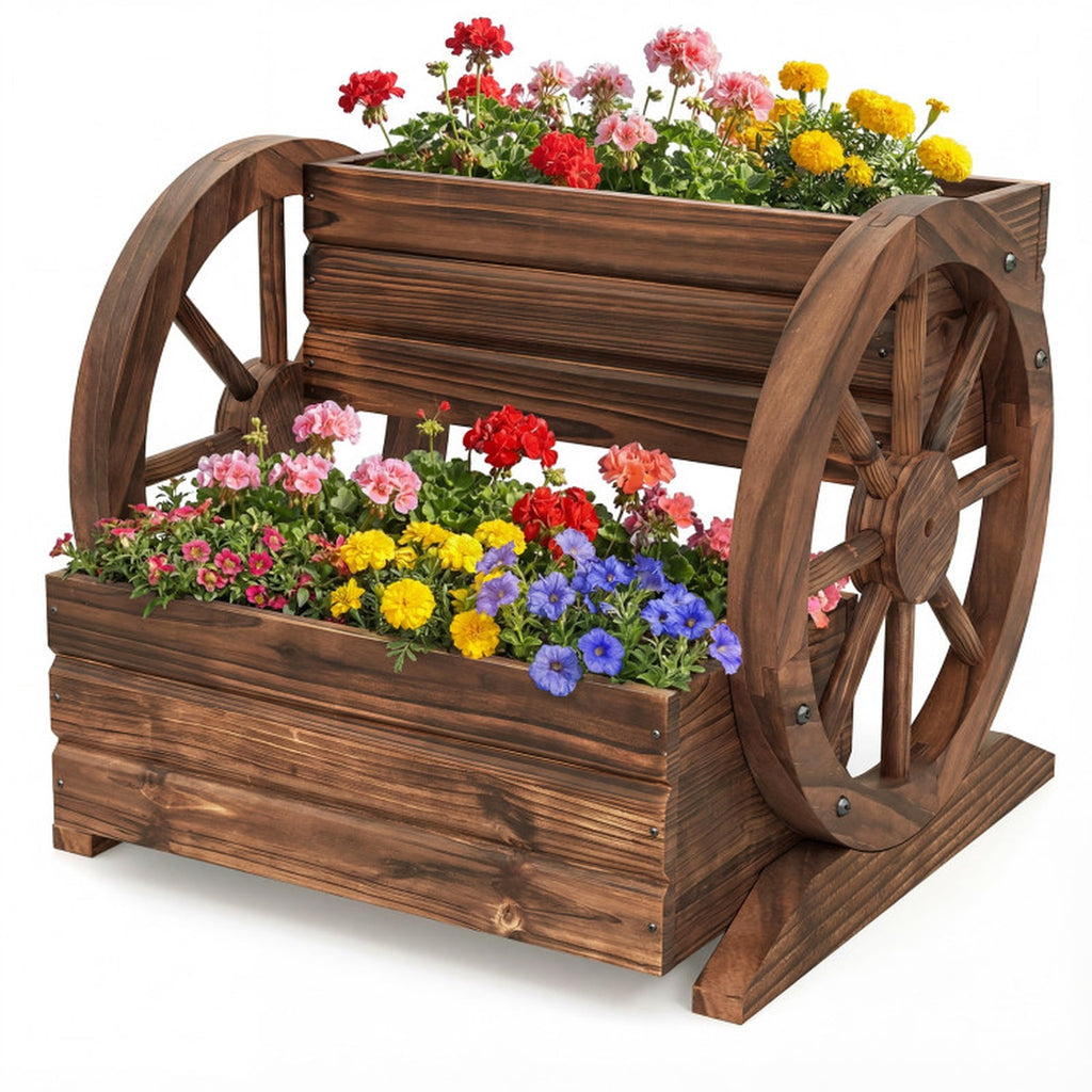 Biotree 2-Tier Raised Garden Bed Rustic Wood Wagon Shape with Drainage Holes and Wheels-Coffee Brown