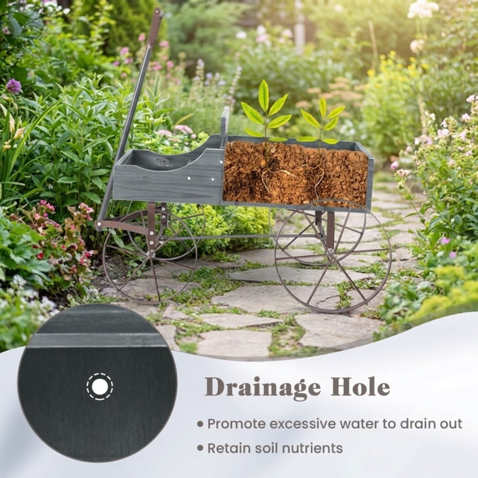 Biotree Wooden Wagon Plant Bed with Metal Wheels for Garden Yard Patio-Gray,Green