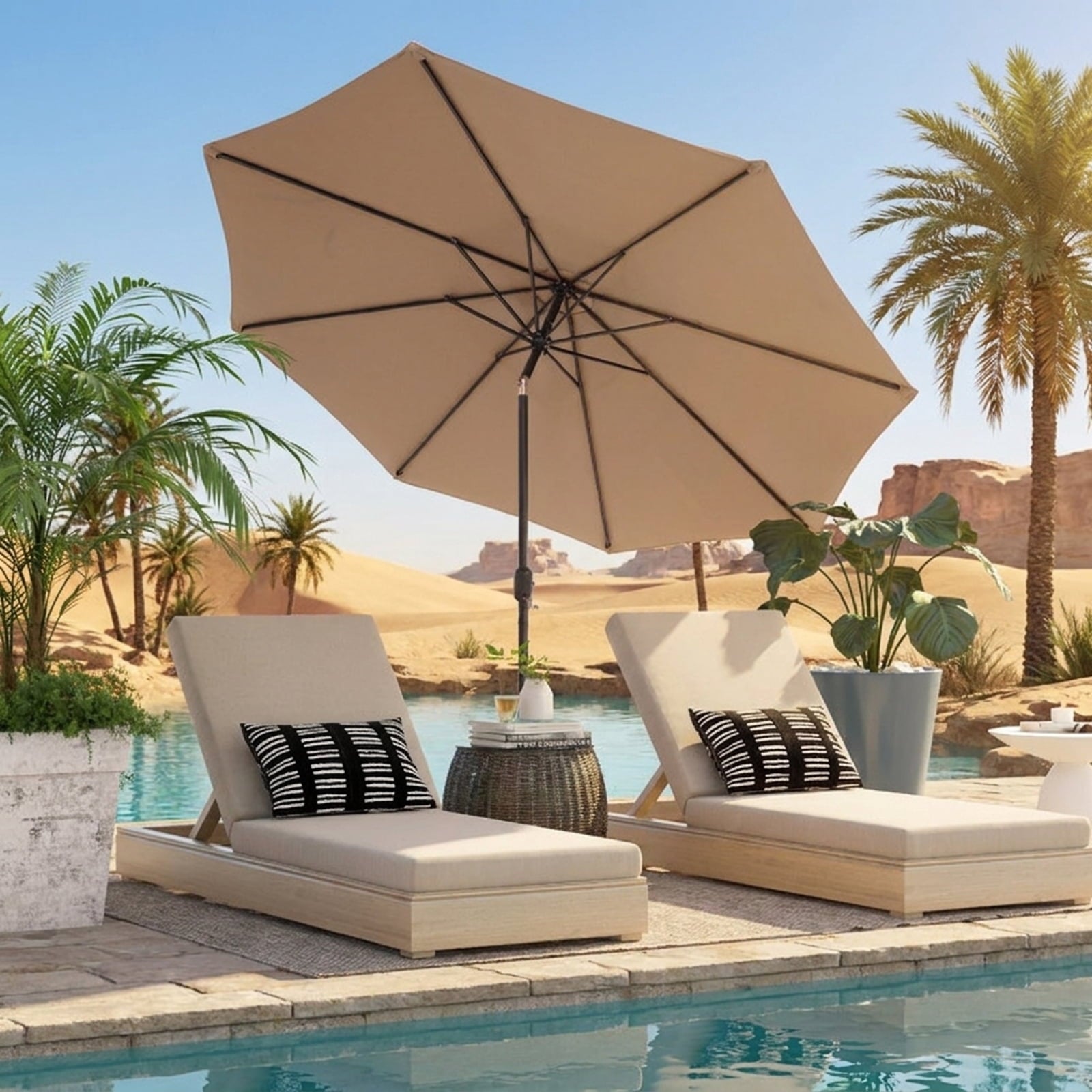 Biotree 10 ft Market Patio Umbrella with Crank and Tilt, 8 Sturdy Ribs, Vented Canopy - Tan for Backyard