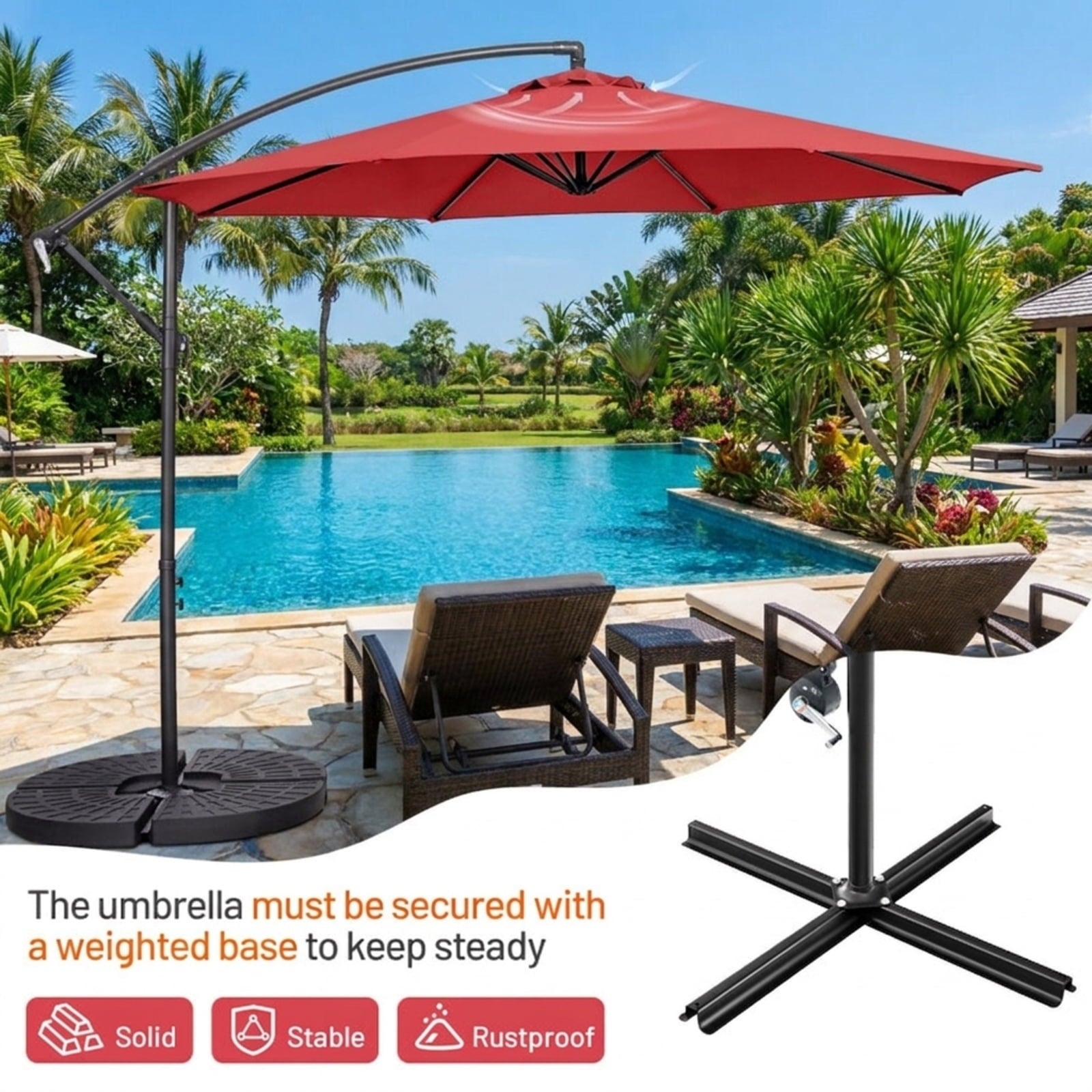 Biotree 10 FT Patio Umbrella, Offset Umbrella with 8 Ribs Cantilever and Cross Base for Patio Garden Backyard Pool, Red