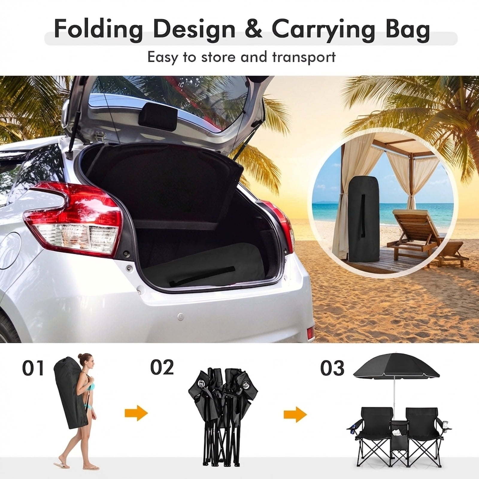 Biotree Double Camping Chair with Removable Umbrella Portable Folding Loveseat with Cooler Bag and Cup Holders for Beach Picnic, Black