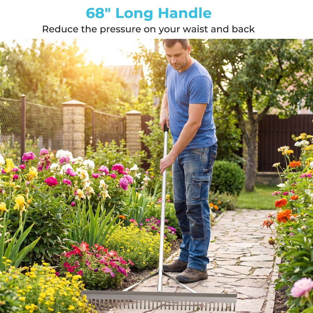 Biotree Aluminum Rake with 36 Inch Wide Rake Head and 68 Inch Long Handle for Lawn Garden Yard Soil Care, Silver