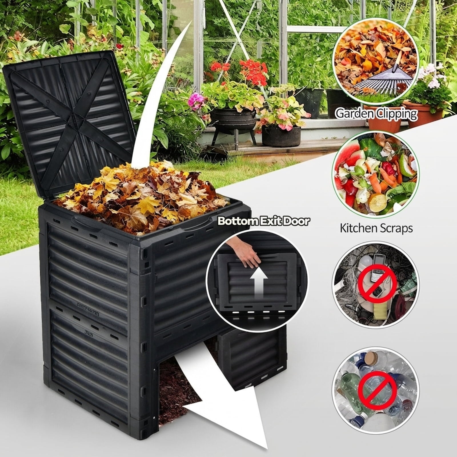 Biotree 80-Gallon Outdoor Composter with Large Openable Lid and Bottom Exit Door-Green Garden Organic