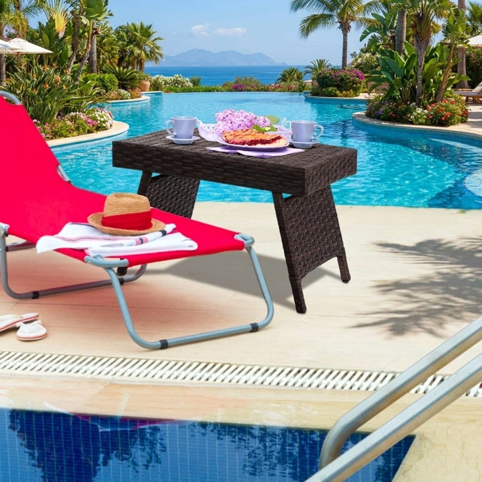 Biotree Folding PE Rattan Side Coffee Table Patio Garden Furniture, Black