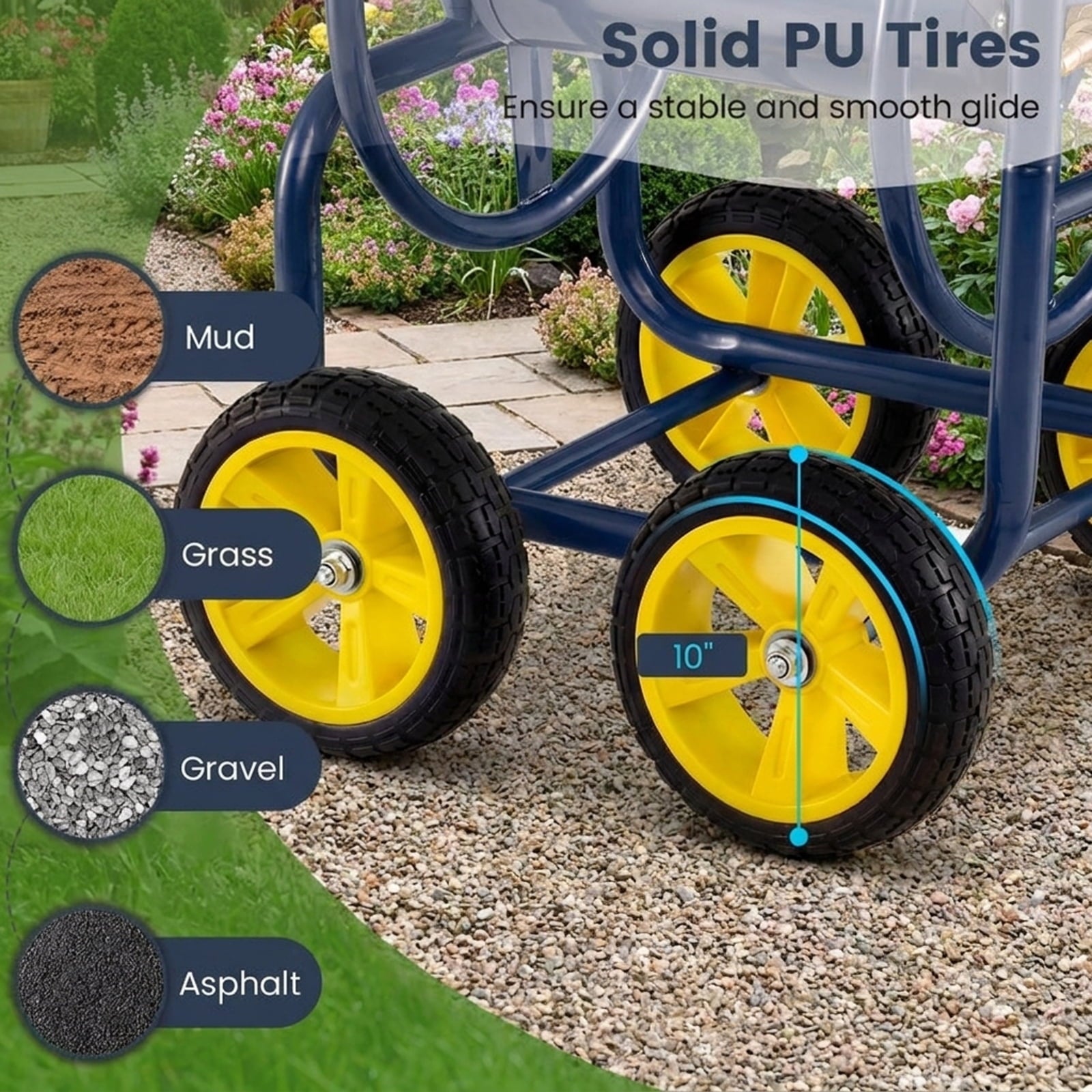 Biotree Garden Hose Reel Cart 4 Wheels Heavy-Duty Metal Water Hose Organizer Portable for Garden Yard Lawn Watering Outdoor, Blue