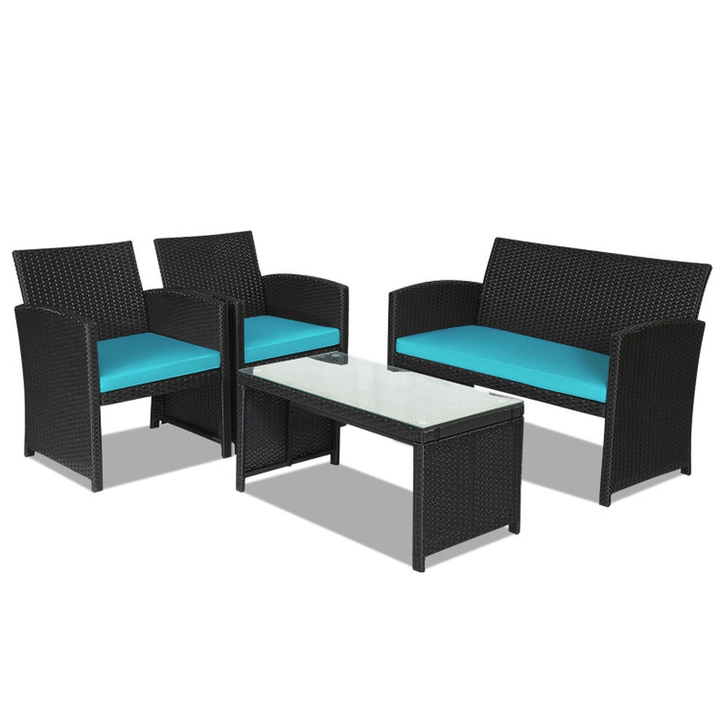 Biotree 4 Pieces Rattan Patio Furniture Set with Weather Resistant Cushions and Tempered Glass TabletopTurquoise
