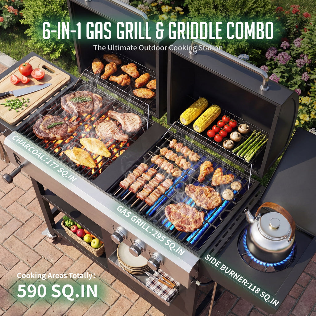 Biotree 3-Burner Gas and Charcoal Grill Combo, Dual Fuel 54,000 BTU BBQ Propane Grill with Side Burner for Backyard BBQ, Outdoor Cooking & Camping