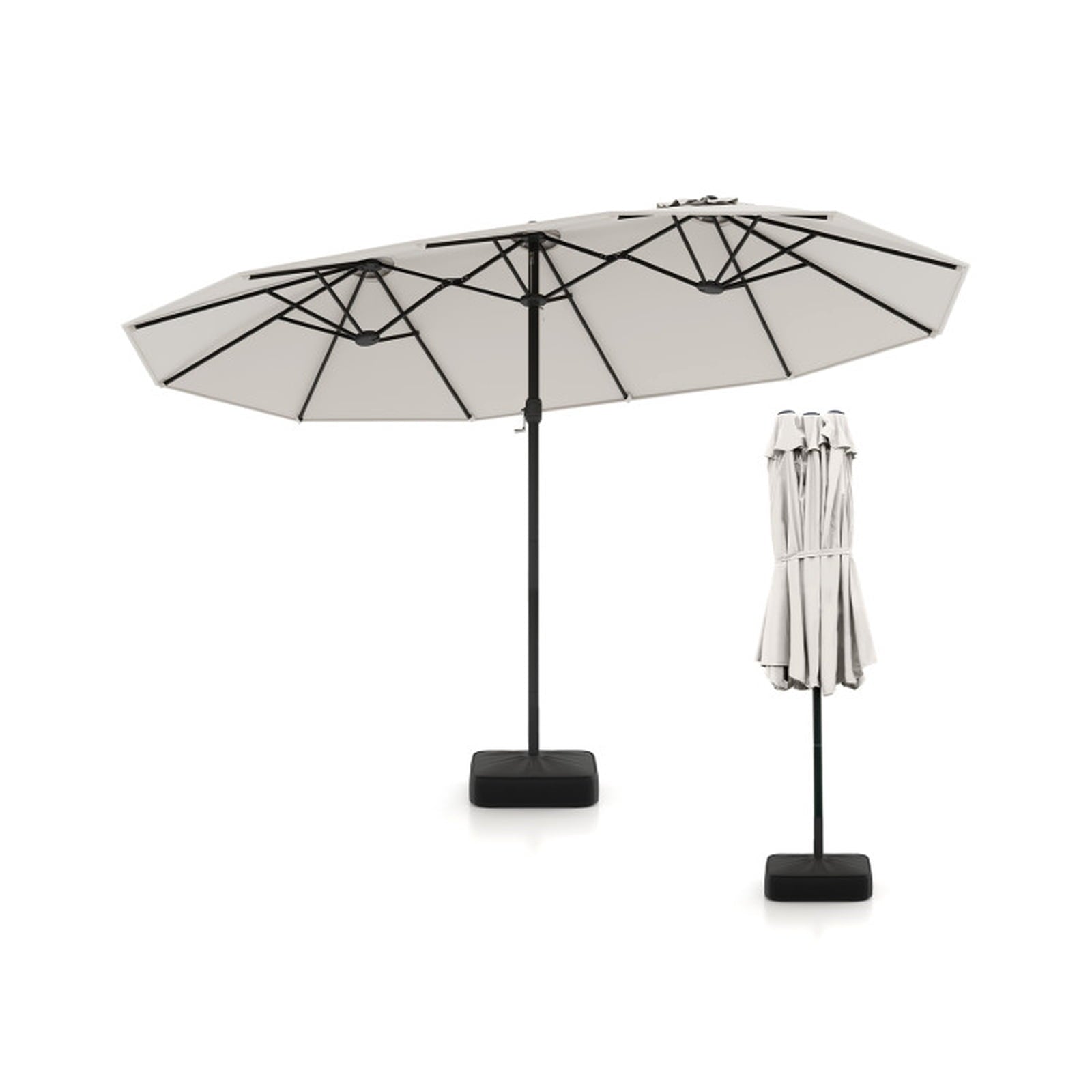 Biotree 15 Feet Double-Sided Twin Patio Umbrella with Crank and Base-Beige Beige Brown Blue Grey Orange Red Turquoise Black