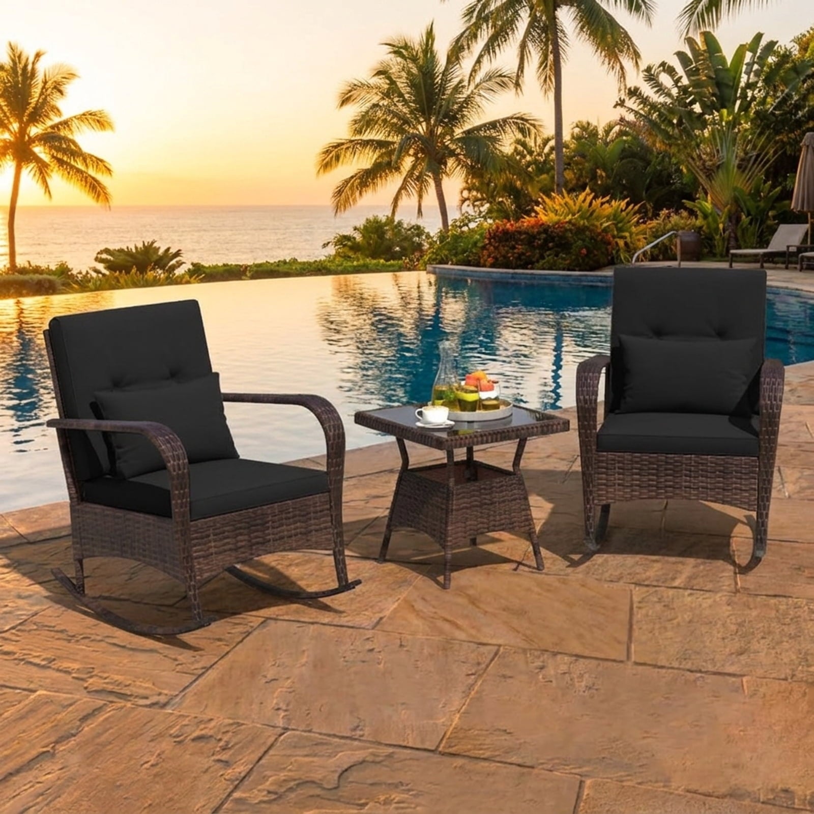 Biotree 3 Pieces Outdoor Rocking Set with Tempered Glass Coffee Table for Backyard Poolside Outdoor Conversation Set for Garden Backyard PorchBlack