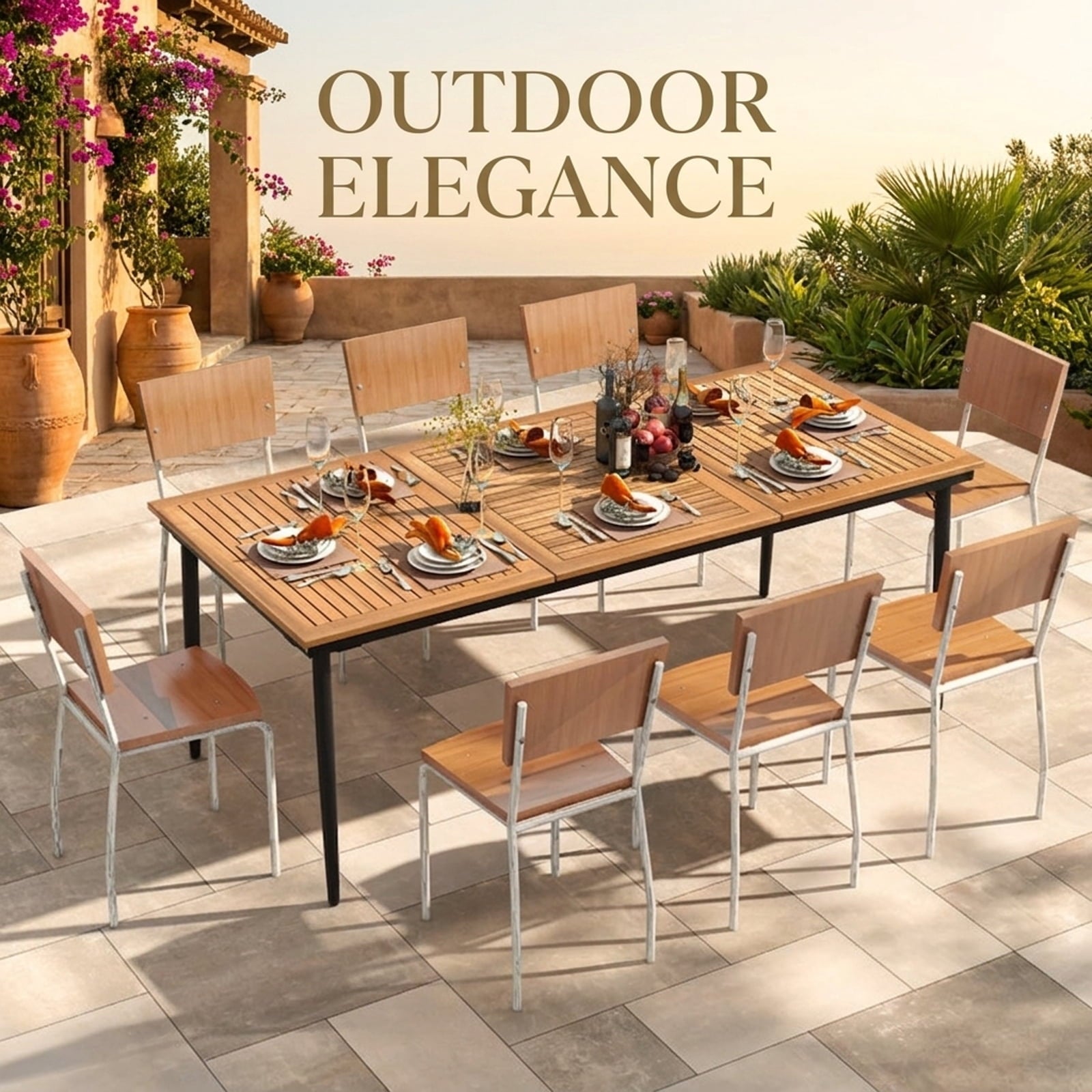 Biotree 79 Inch Acacia Wood Outdoor Dining Table for 8 with 1.9 Inch Umbrella Hole, Natural