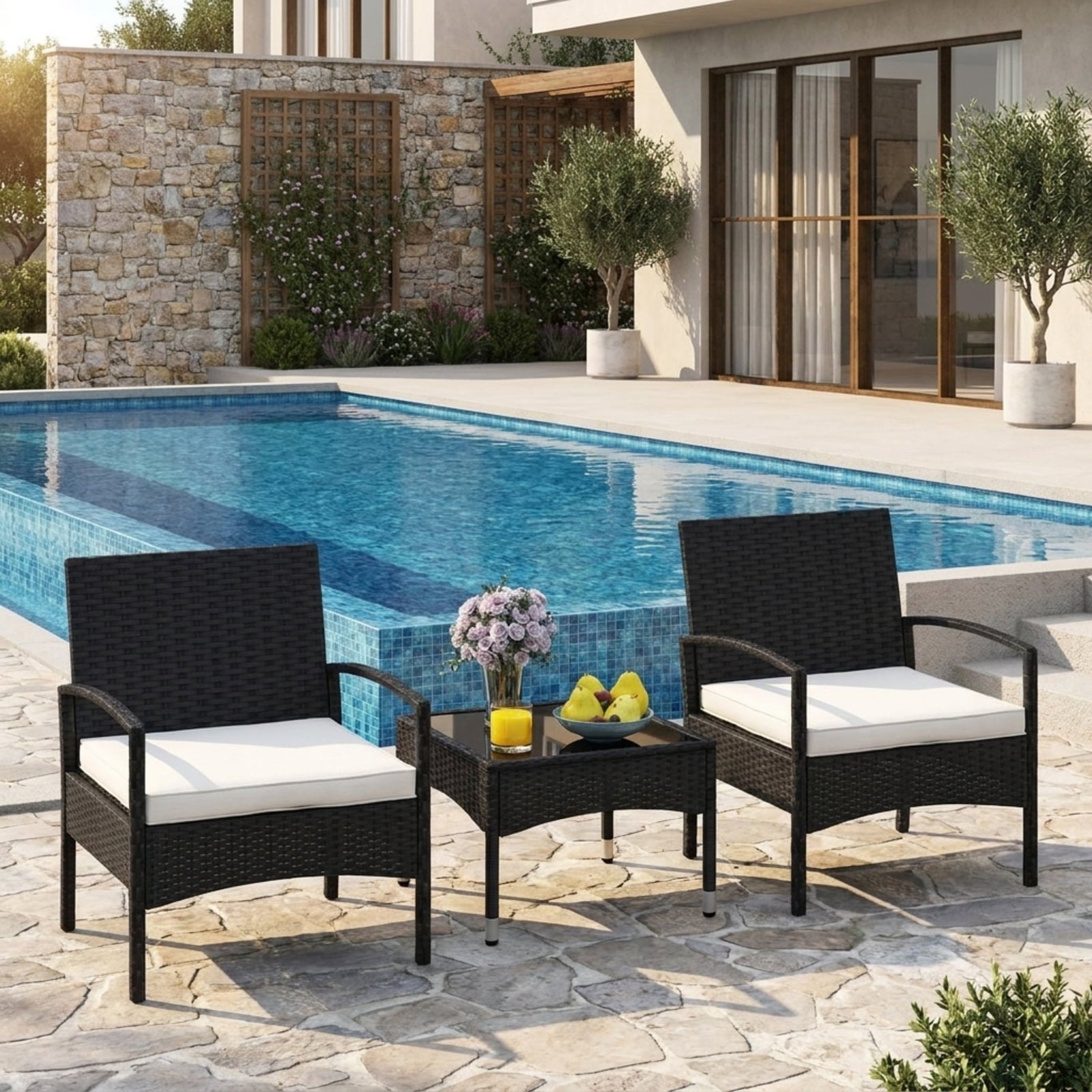 Biotree 3-Piece Patio Furniture Set Rattan Bistro Chairs with Table Outdoor Conversation Set for Garden Backyard PorchBeige