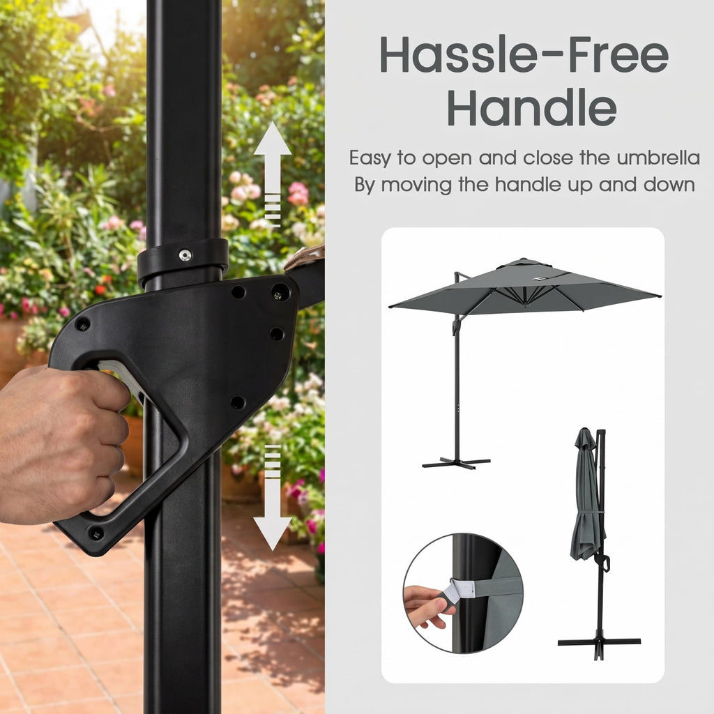 Biotree 9 ft Cantilever Patio Umbrella Offset Hanging with Cross Base, 8 Ribs - Gray for Backyard Garden Poolside