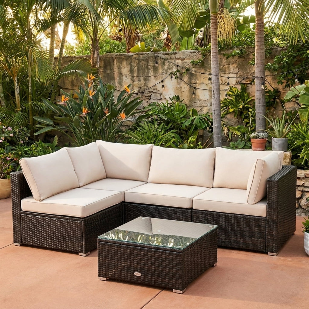 Biotree 5 Pieces Cushioned Patio Rattan Furniture Set with Glass Table Outdoor Conversation Set for Garden Backyard PorchWhite