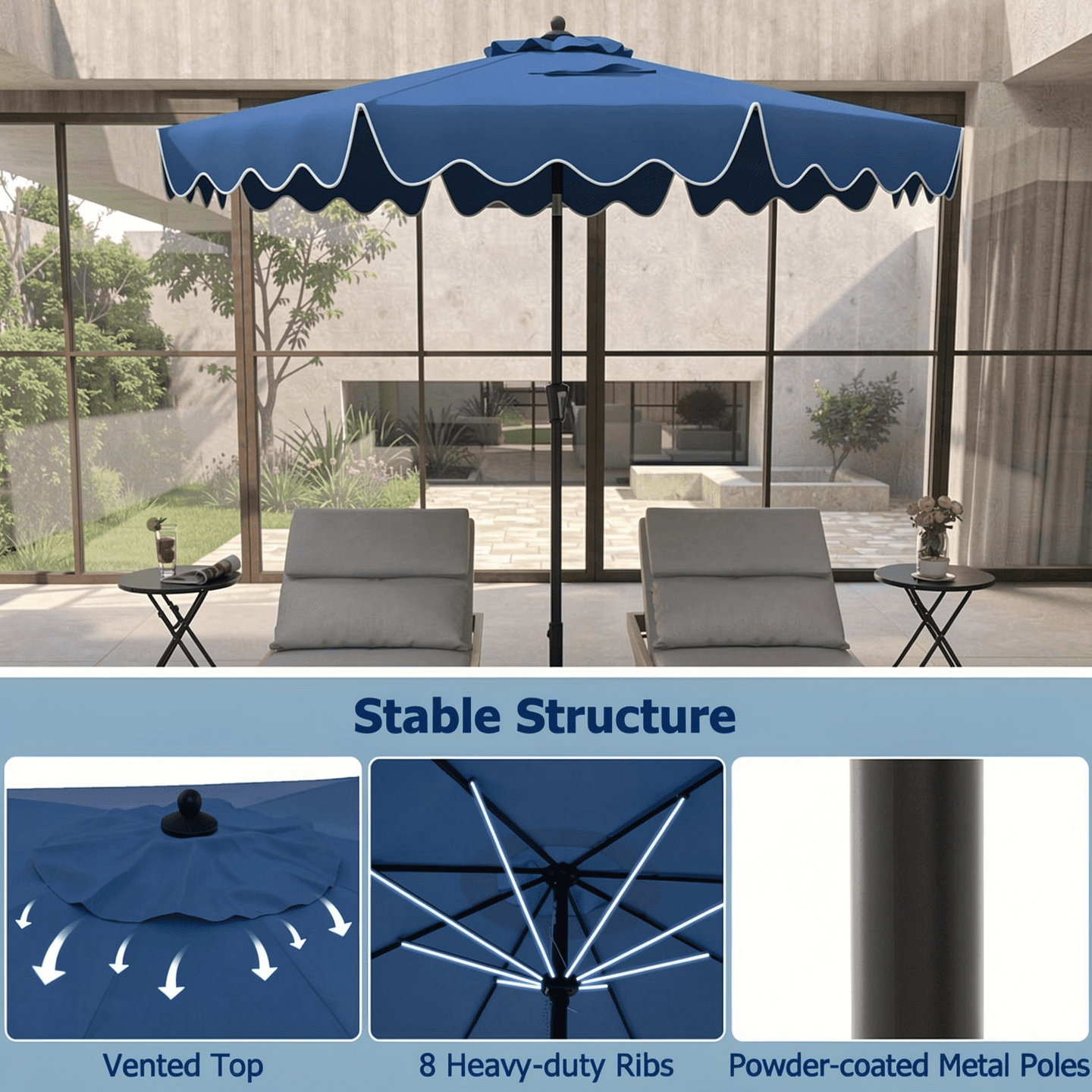 Biotree 9 Feet Patio Umbrella with Crank Handle and Push Button Tilt-Navy Navy Blue - Outdoor Patio Garden Sun Shade
